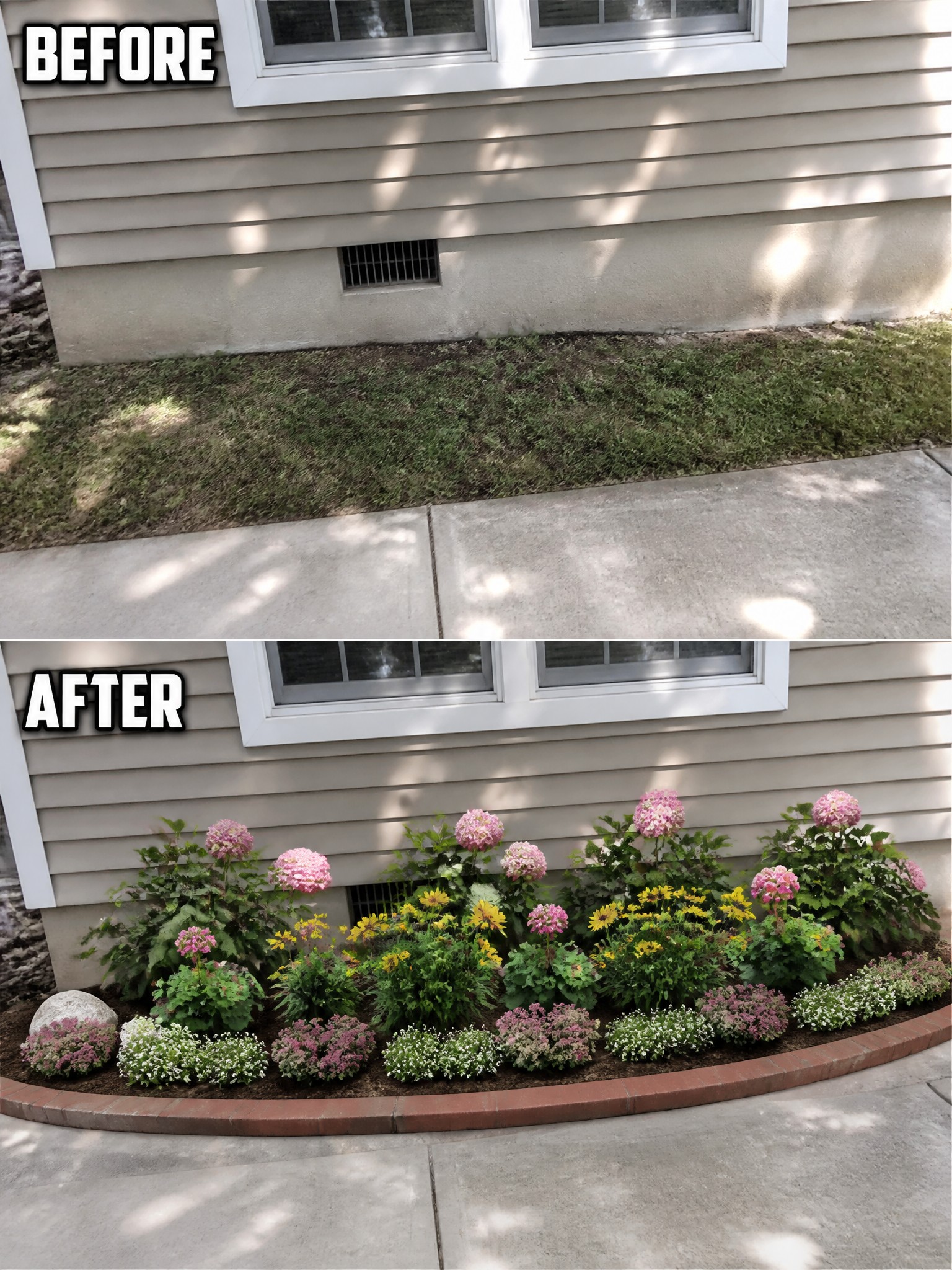 Before-and-after image of a bare foundation strip changed into a mulched flower bed with brick edging and rows of flowering plants.