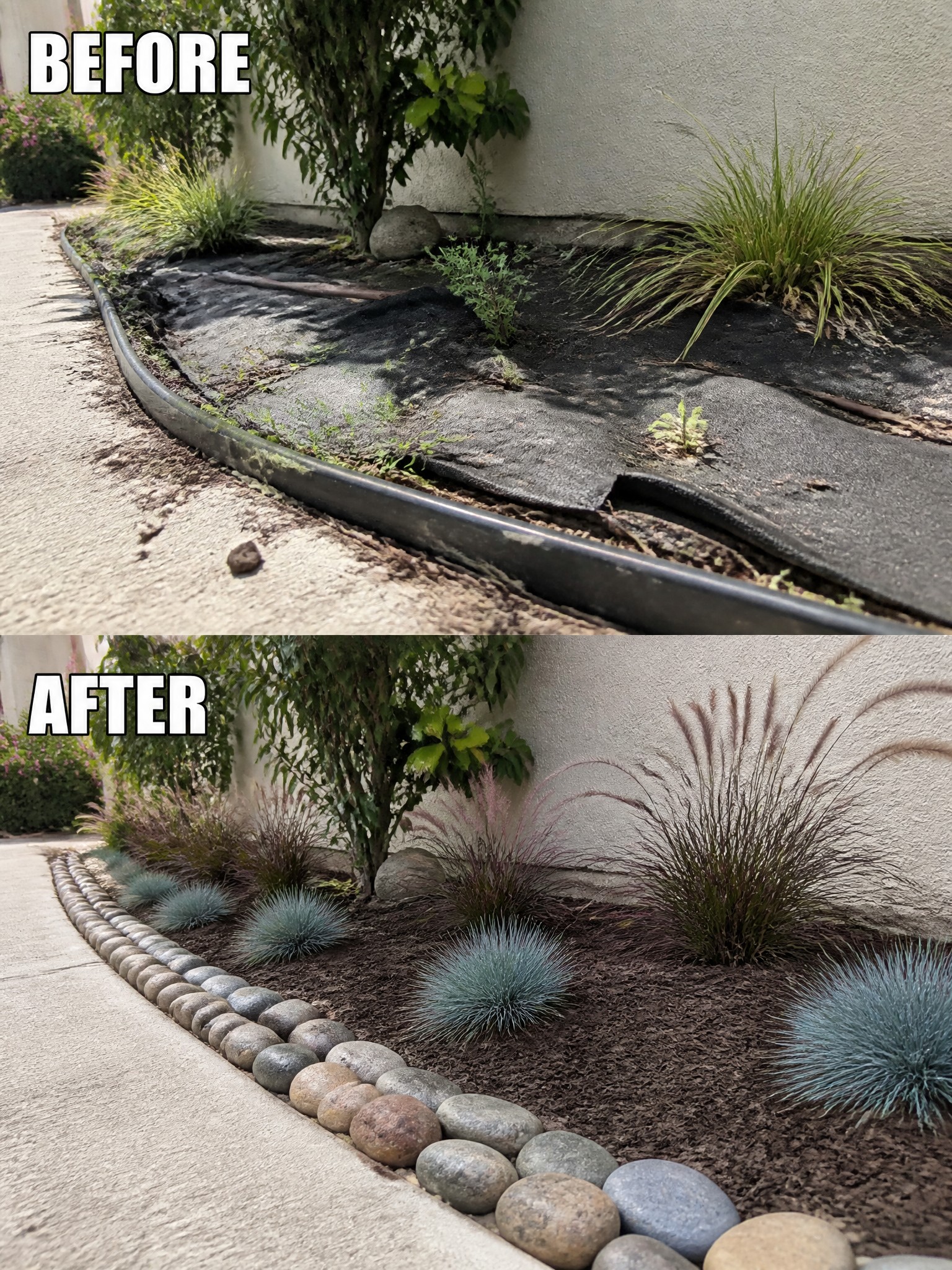 Before and after of messy garden bed transformed into mulched landscape with grasses and rocks