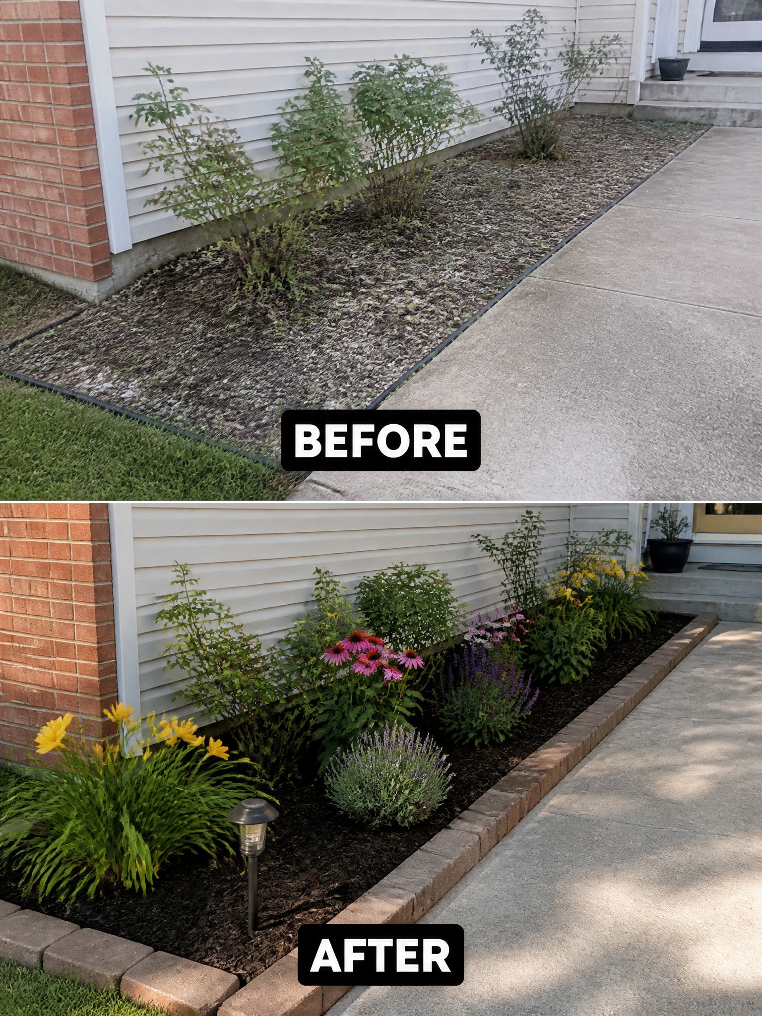 Before-and-after image of a weedy foundation bed changed into a defined garden border with brick edging, dark mulch, and layered flowers and shrubs.