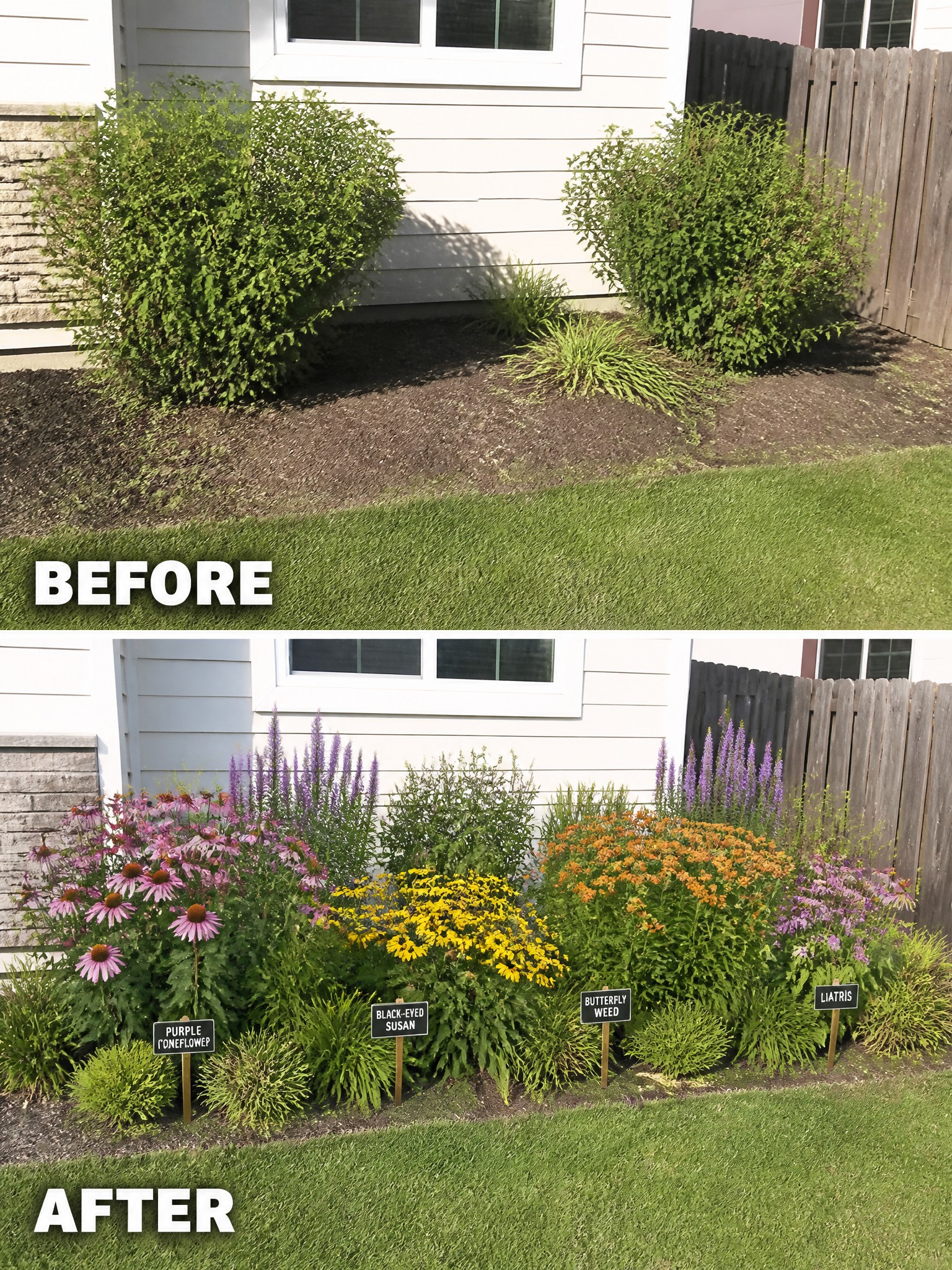 Before-and-after garden bed transformation from plain shrubs to colorful blooming perennials beside house