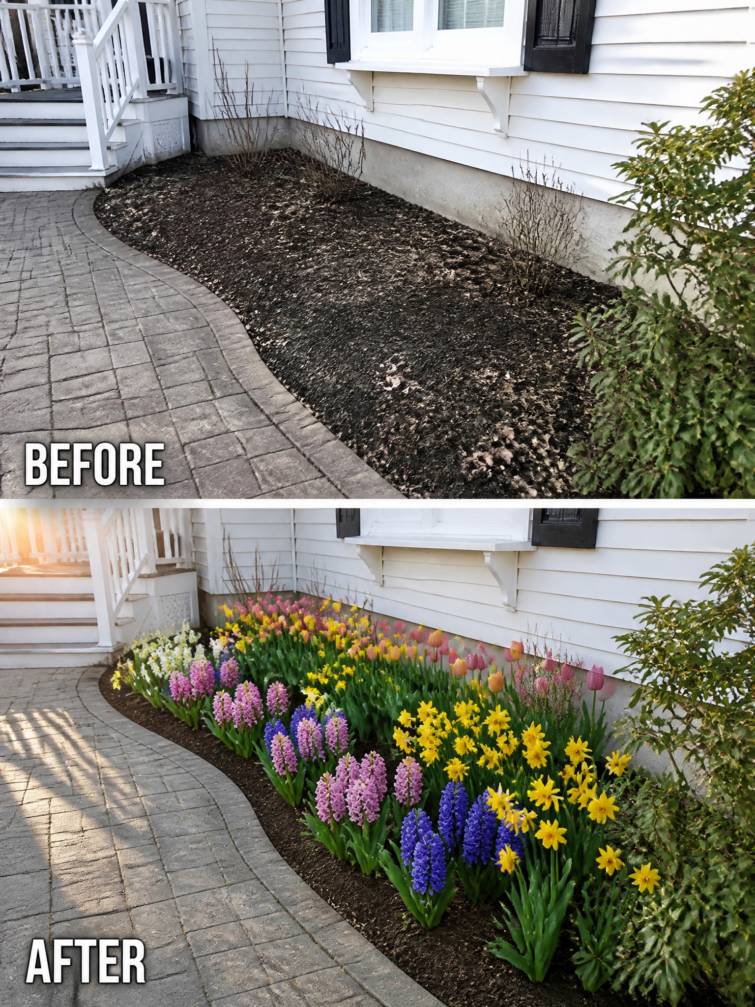 Before and after of mulched bed transformed into colorful tulip and daffodil garden.