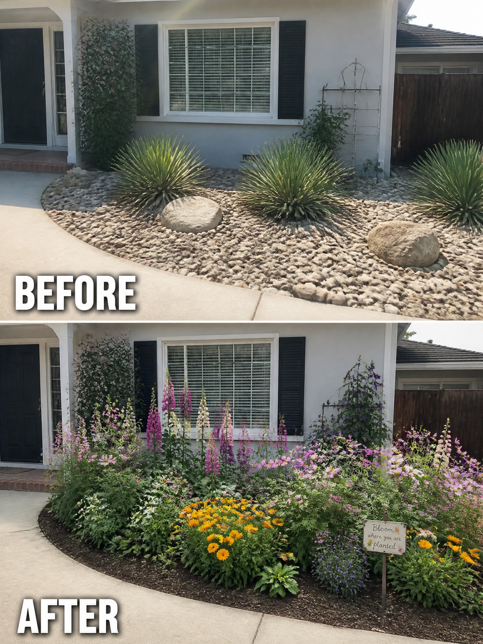 Before-and-after image of a front yard rock bed changed into a dense, colorful flower garden with layered plants and mulch.