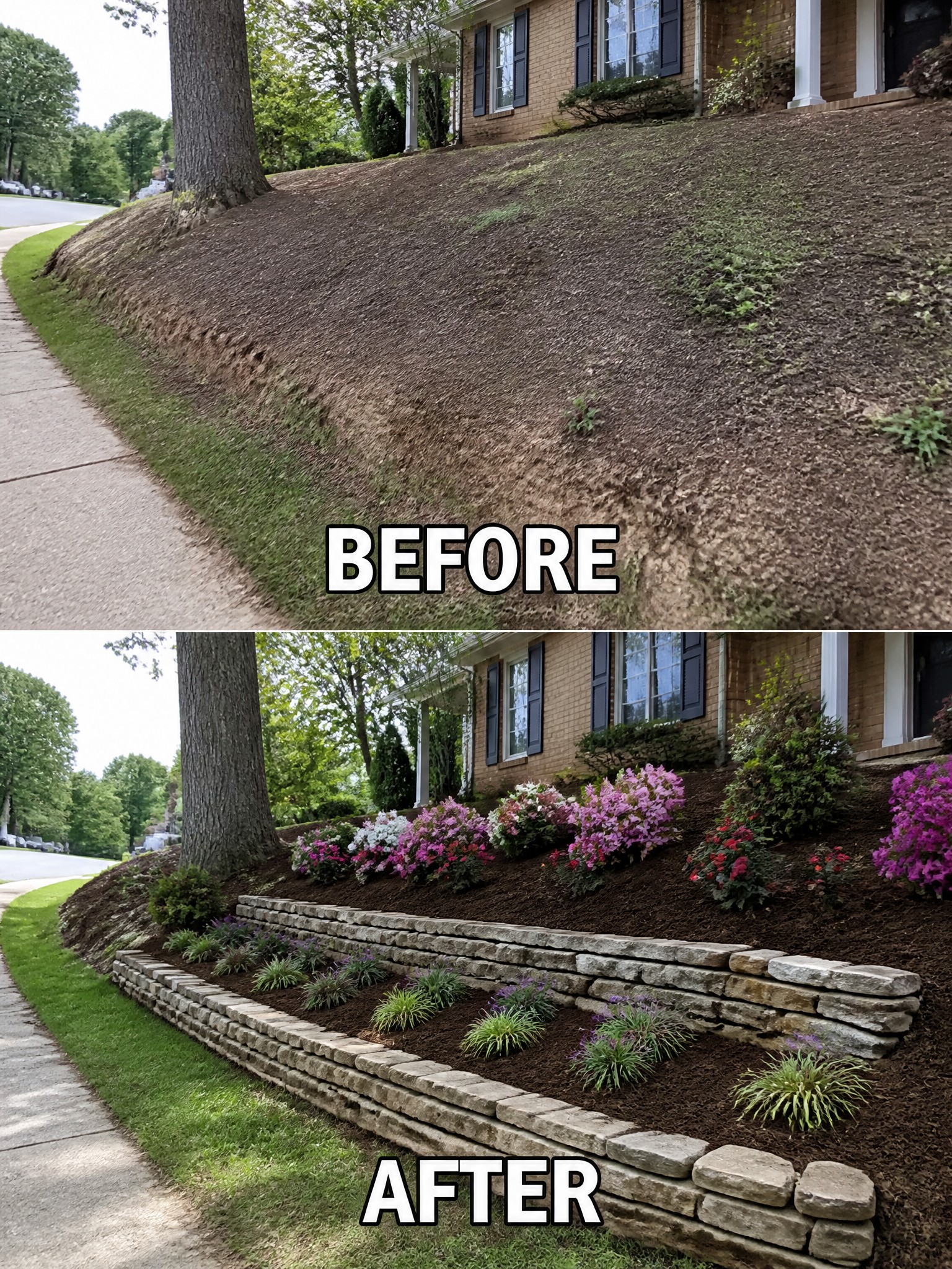 Before and after of bare hillside transformed into terraced stone garden with colorful flowers.
