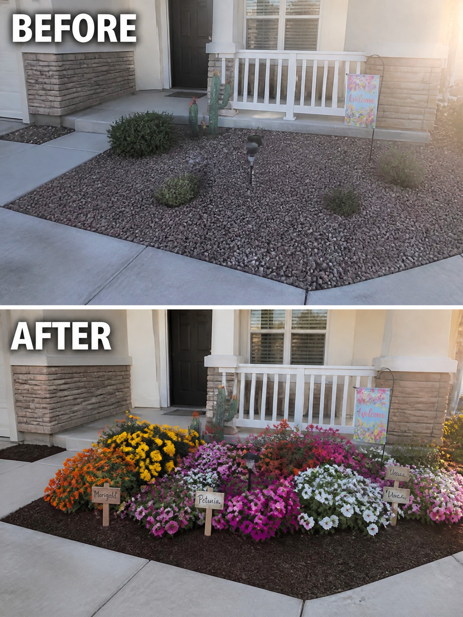 Before-and-after image of a gravel front bed changed into a colorful flower garden planted with marigolds, petunias, and vincas.