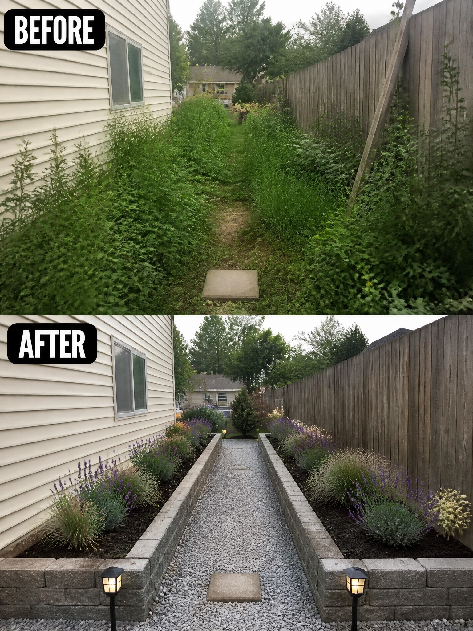 Before and after of overgrown backyard path transformed into neat gravel walkway with plants and lights.