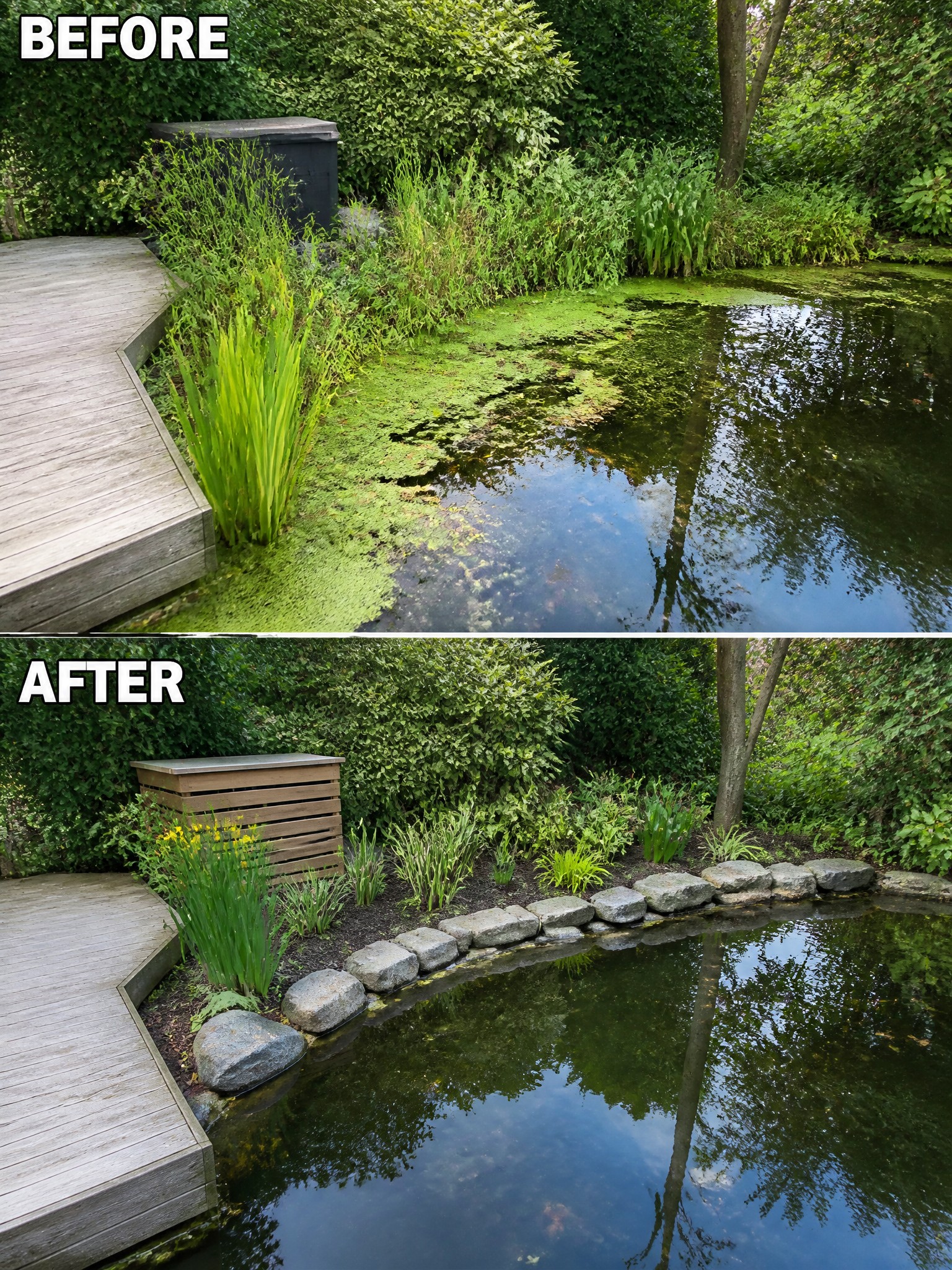 Before and after of algae-covered pond transformed into clear landscaped water feature.