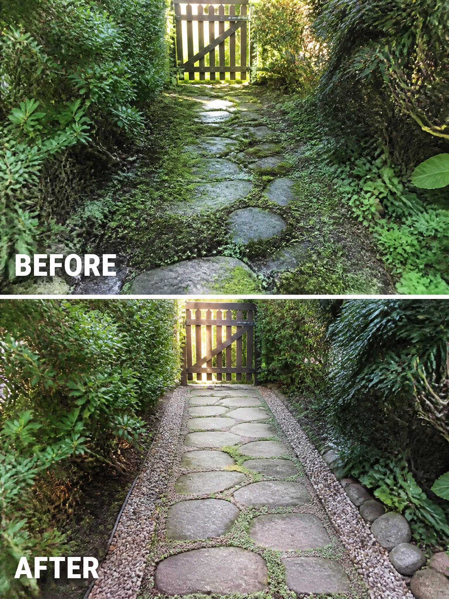 Before and after of mossy stone path to wooden gate in lush garden.