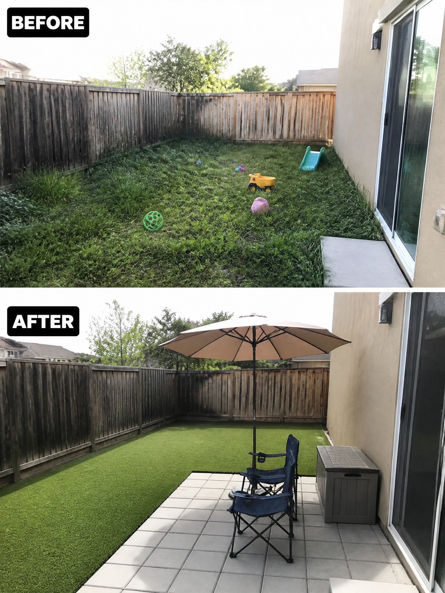 Before and after backyard renovation from overgrown grass to artificial turf with patio.