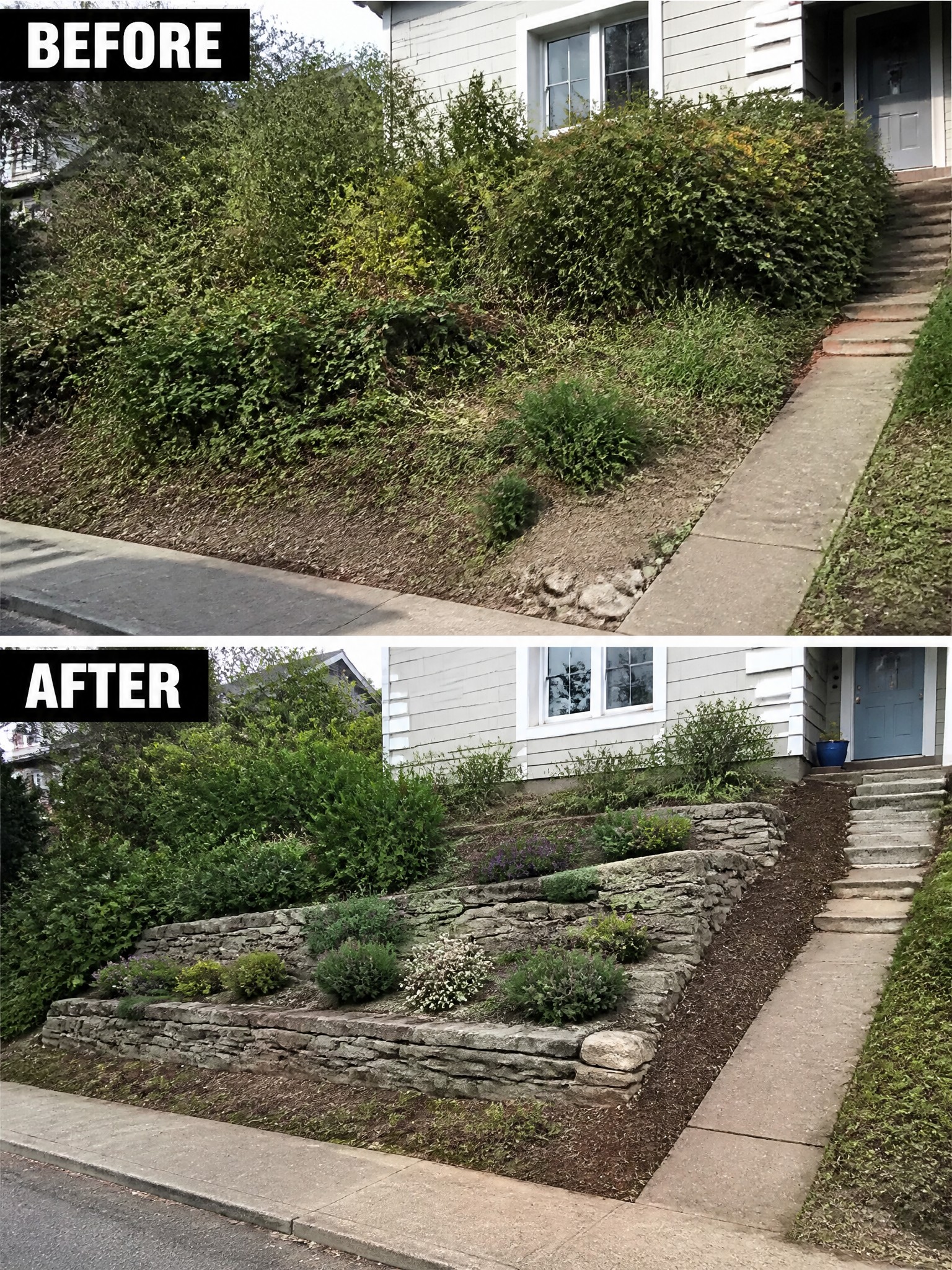 Before-and-after hillside landscaping with added stone retaining walls and plants.