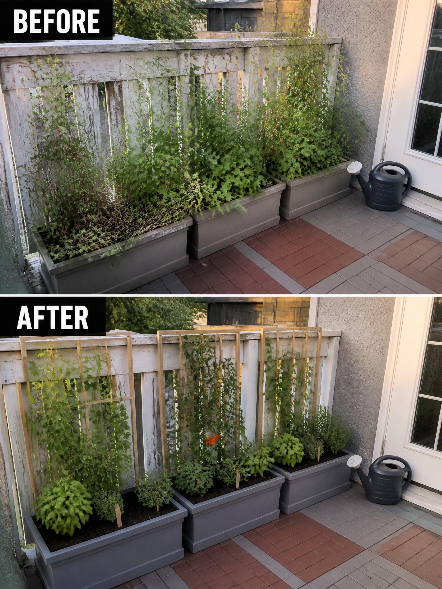 Before-and-after image of overgrown balcony planters updated with wooden trellises to train the vines upward.
