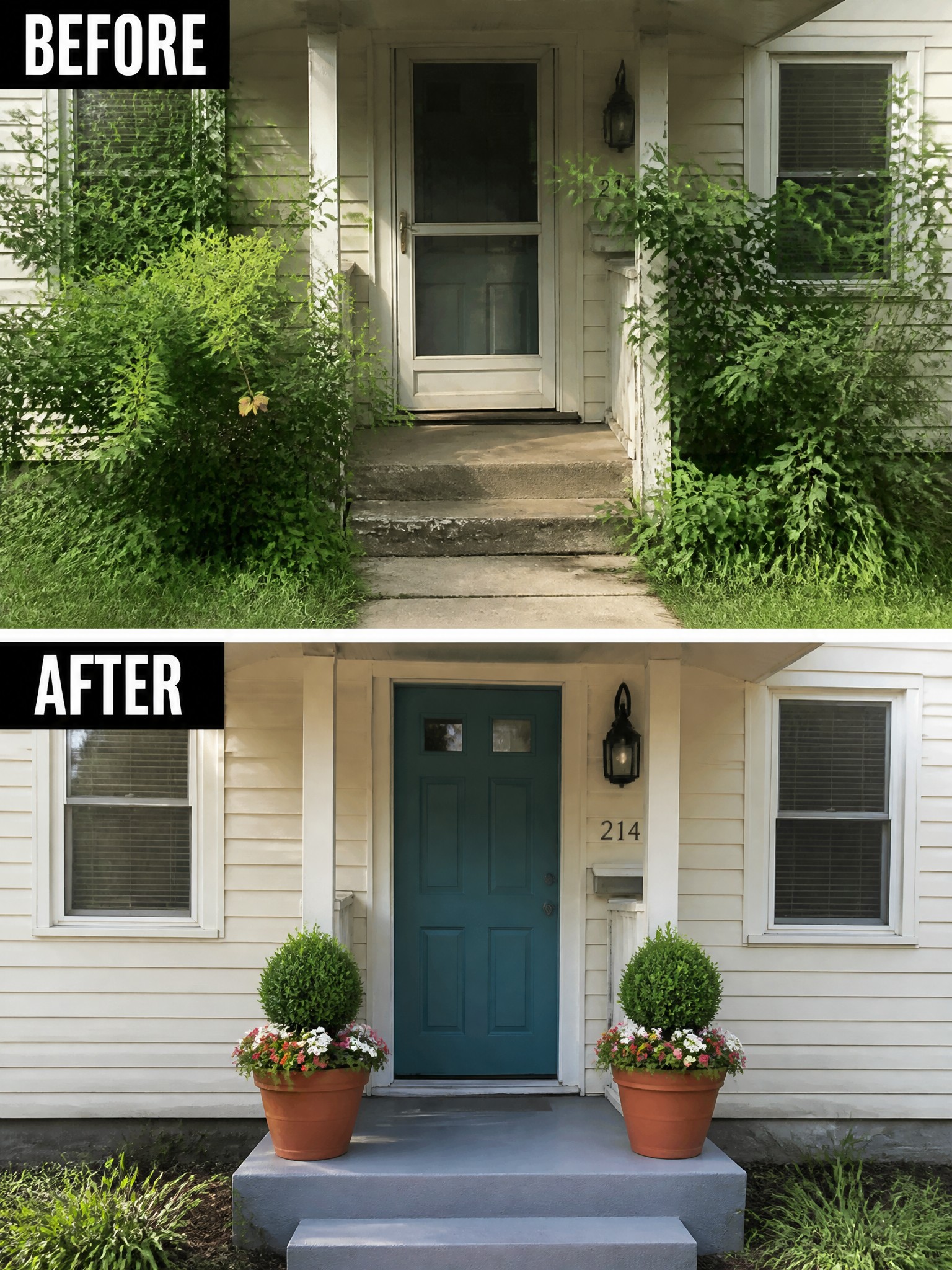Before and after of house entrance with overgrown bushes replaced by potted plants and teal door.