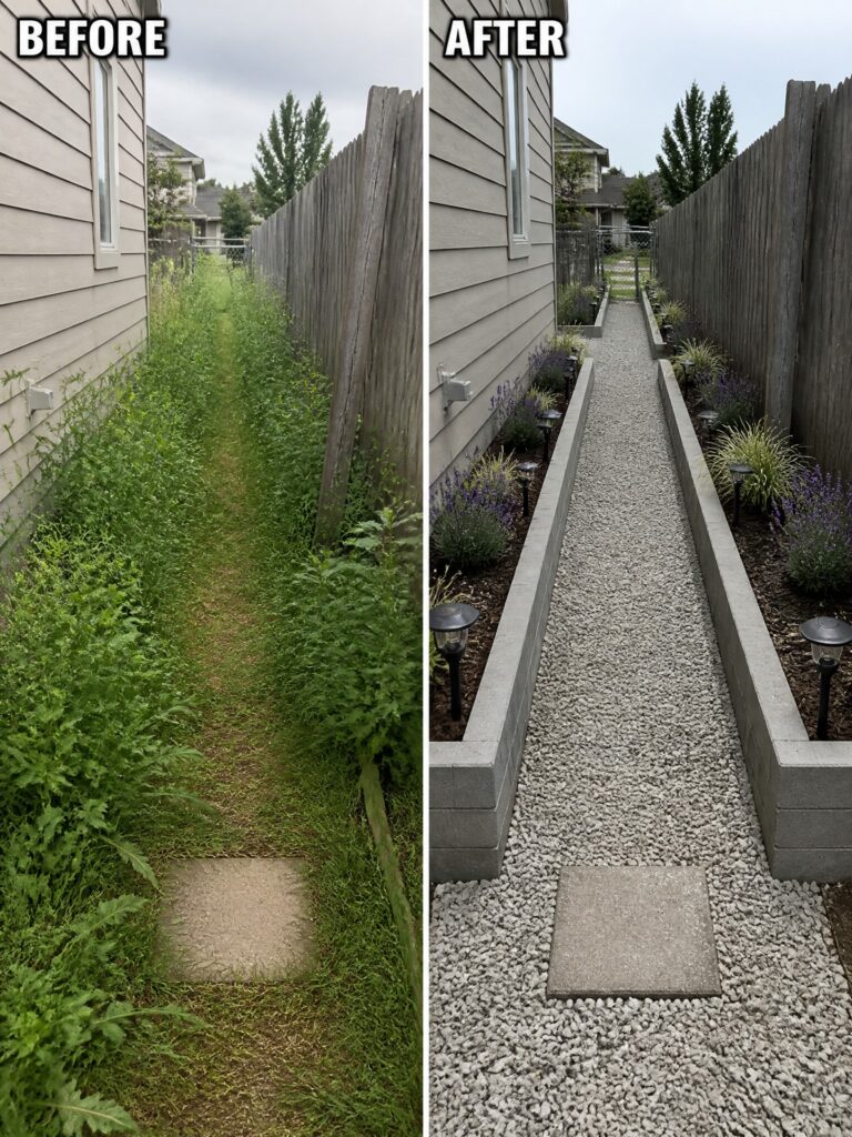 Before and after of overgrown backyard path transformed into neat gravel walkway with plants and lights.