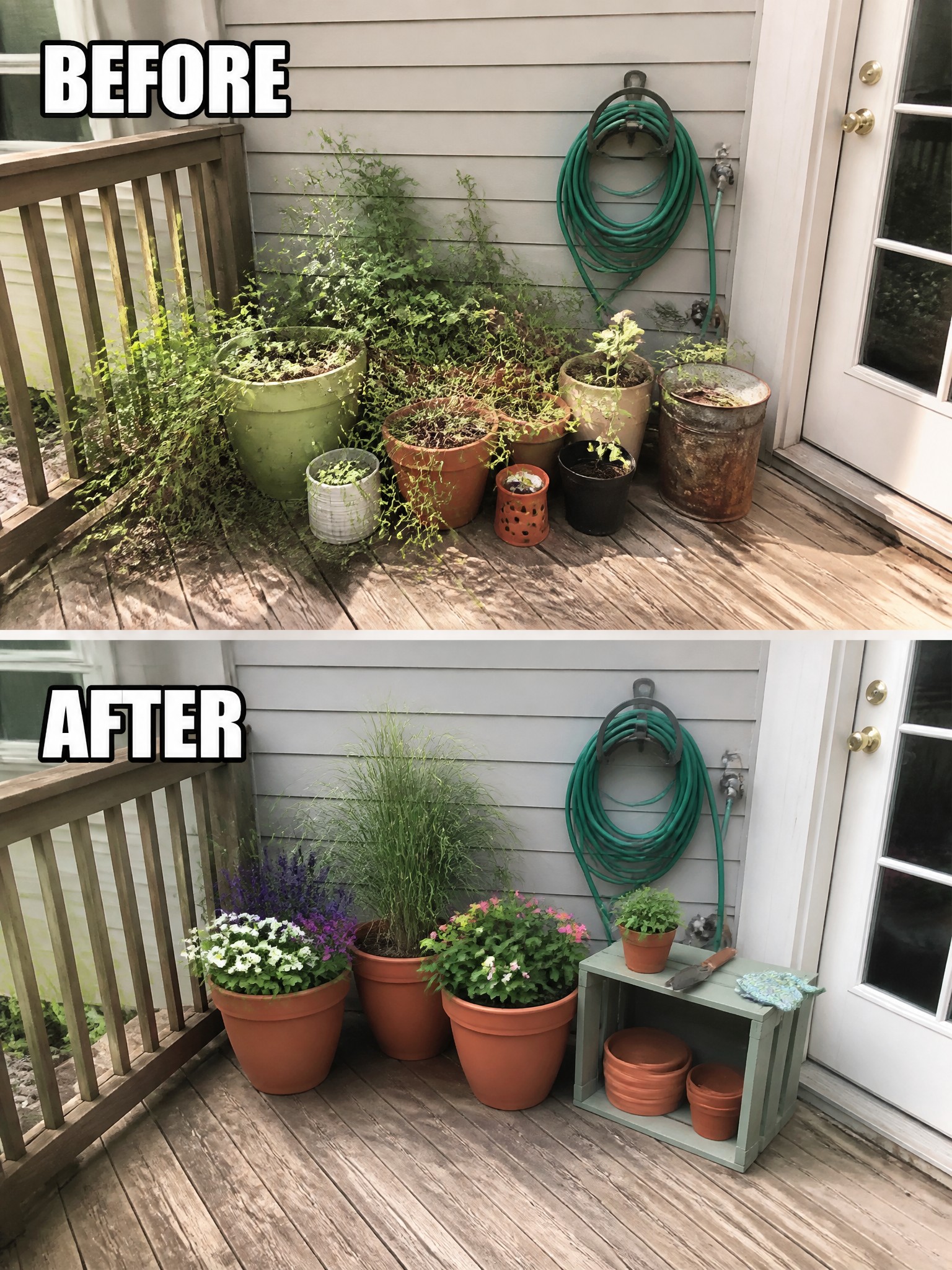 Before-and-after image of a cluttered porch with scattered mismatched pots changed into a tidy row of matching terracotta planters and a small storage crate.
