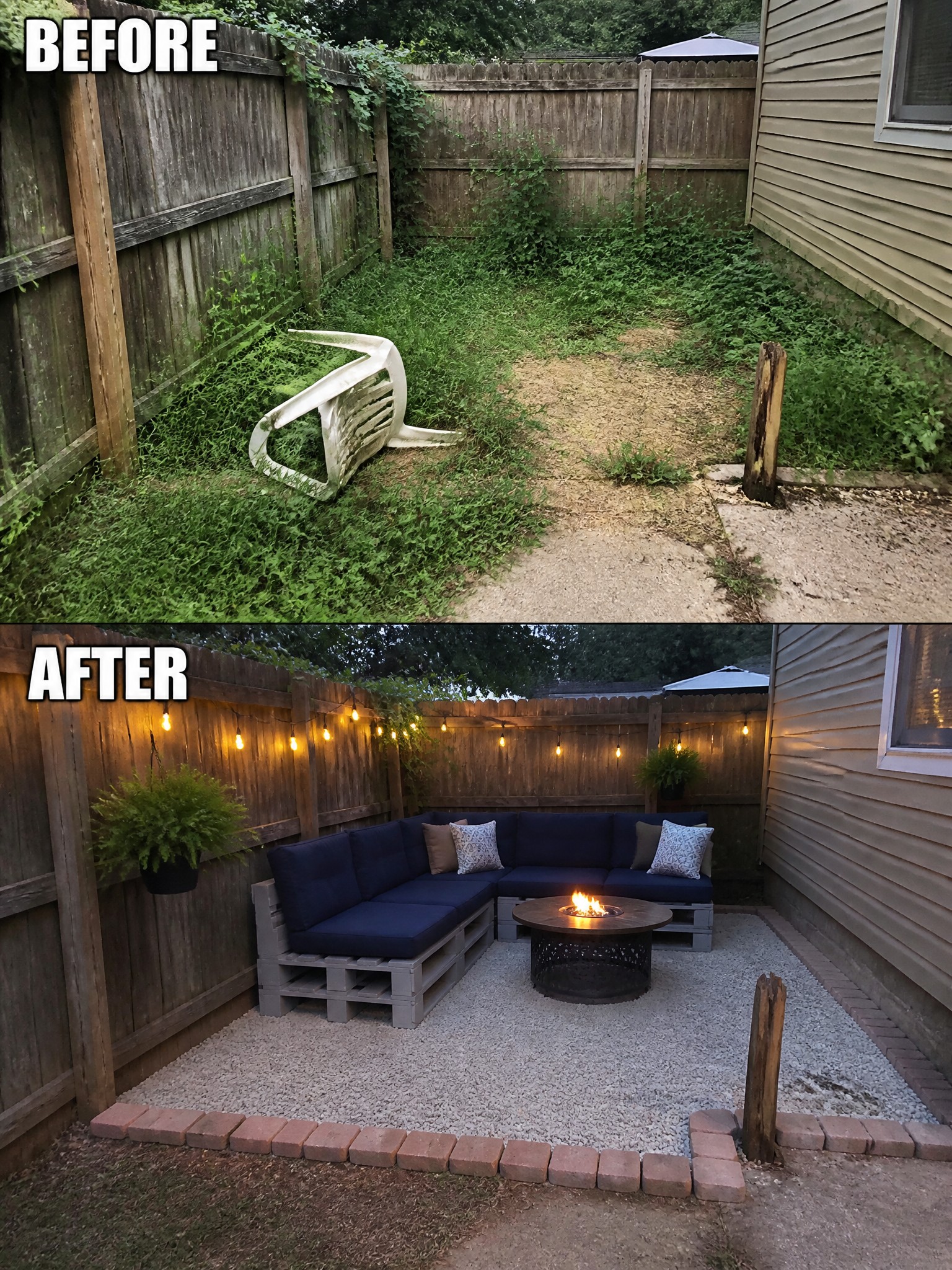 Before and after backyard transformation from overgrown weeds to pallet patio with fire pit