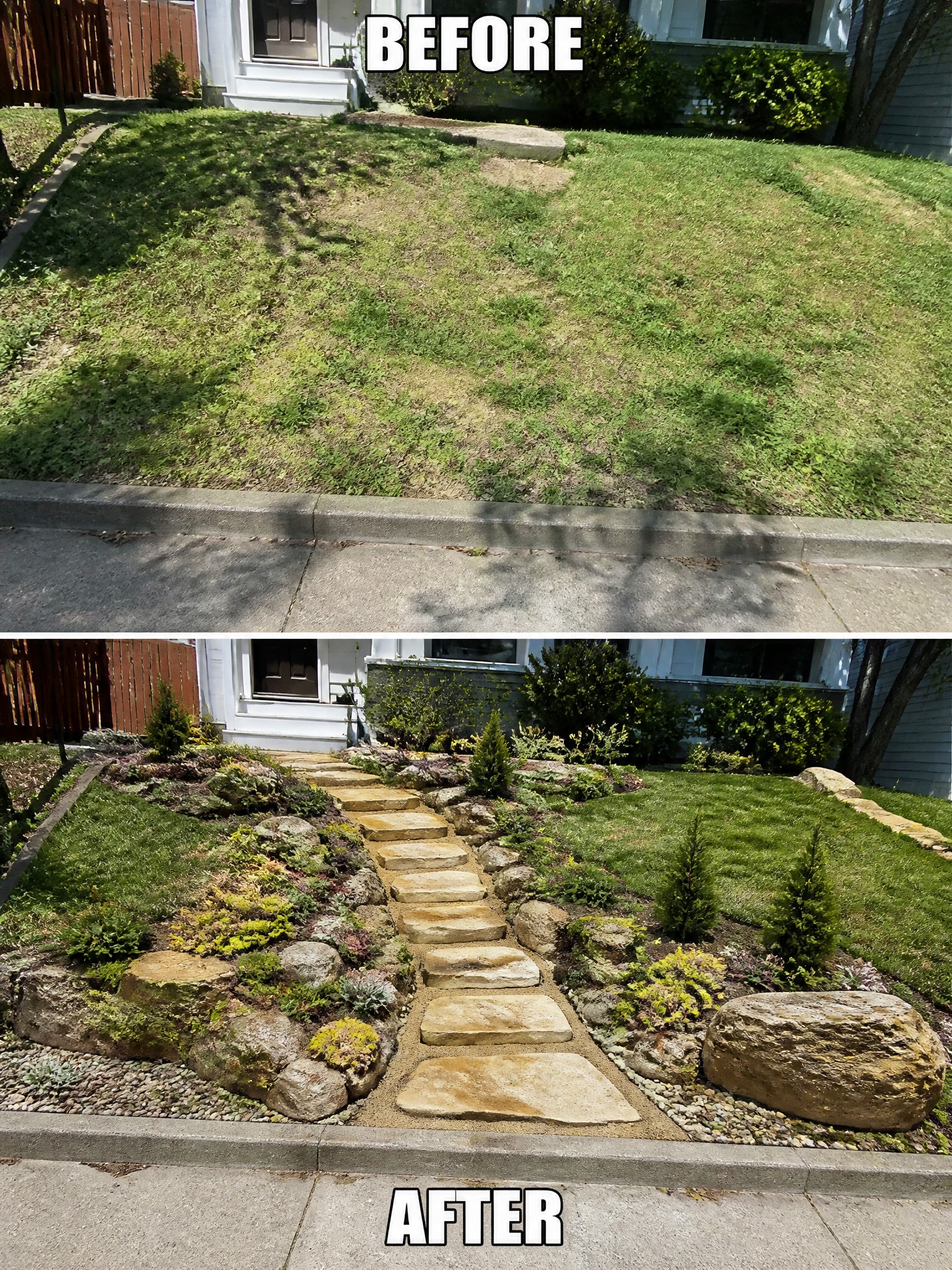 Before and after of sloped lawn transformed into landscaped garden with stone path and rocks.