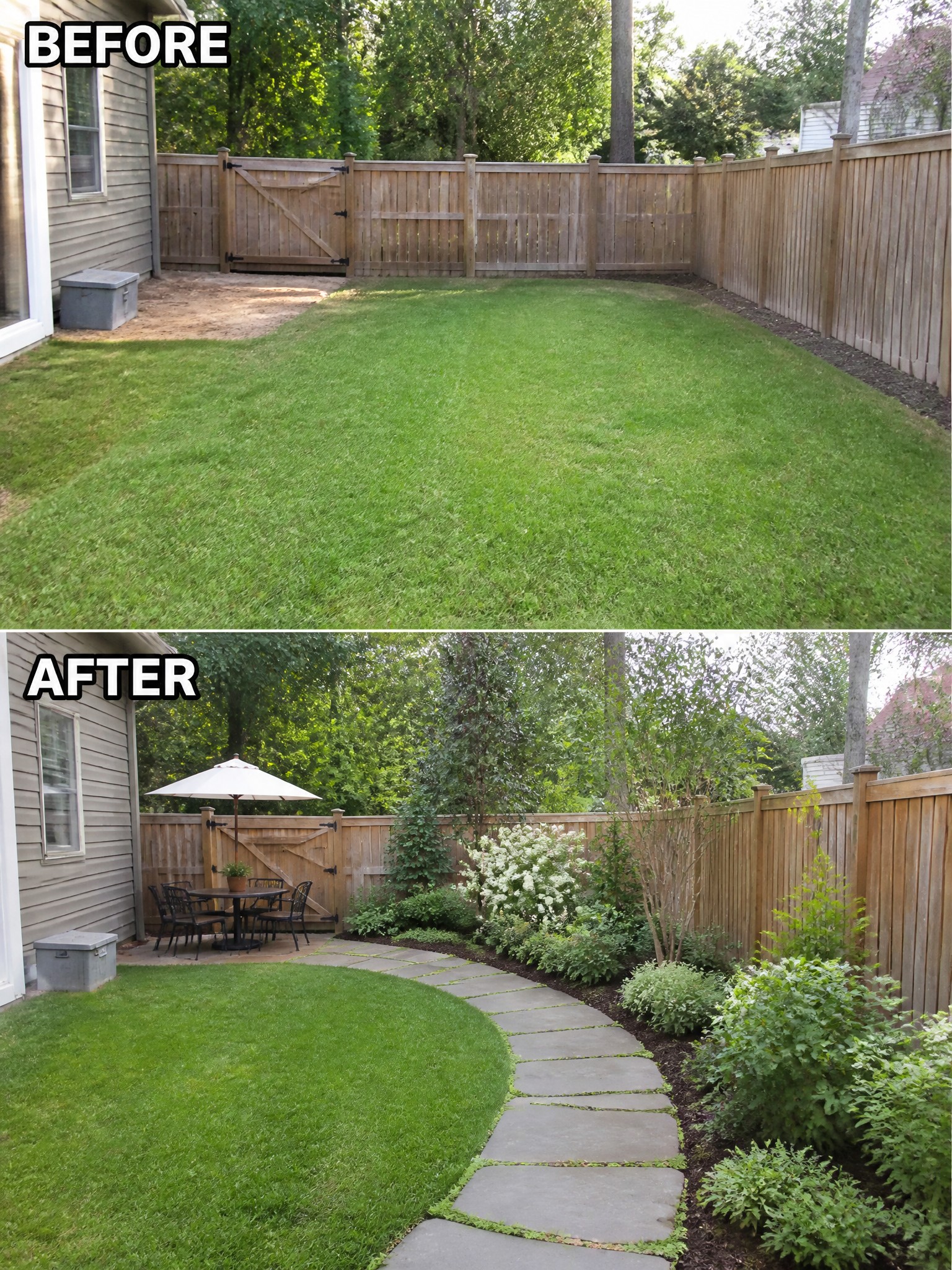 Before-and-after image of a plain backyard lawn changed into a yard with a curving stone path, planted border beds, and a small patio seating area.