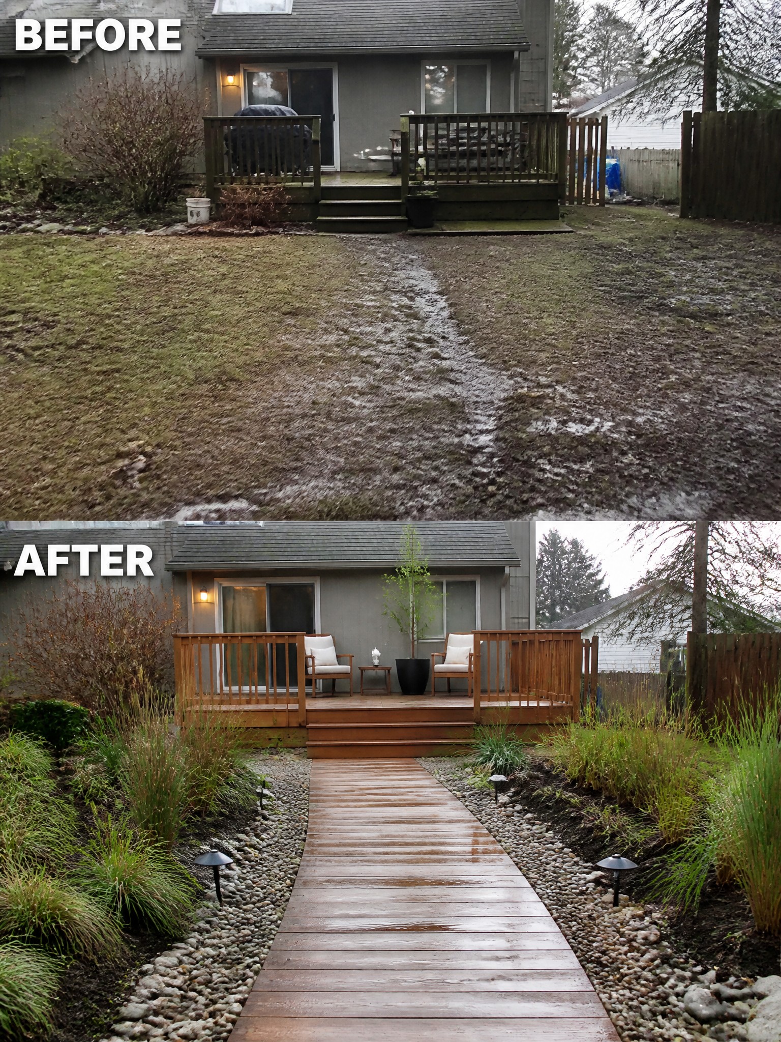 Before-and-after image of a muddy backyard with a worn grass path changed into a space with a wooden walkway, gravel borders, and new garden beds.