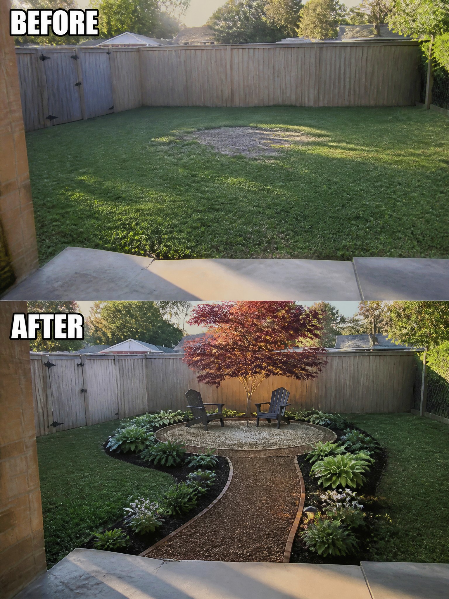 Before empty lawn, after landscaped yard with red tree, chairs, and gravel path