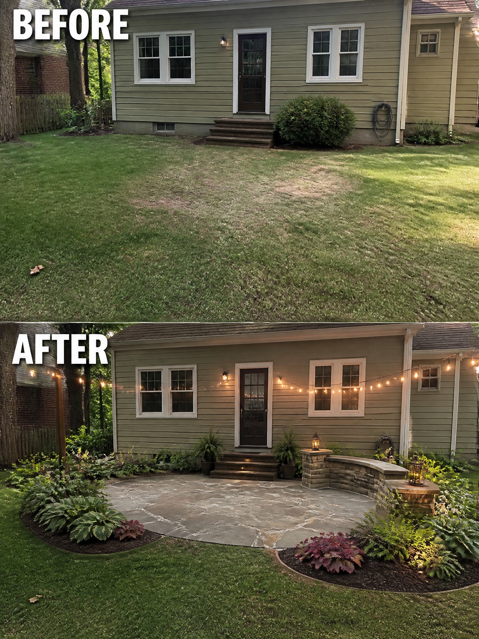 Before-and-after image of a bare lawn in front of a house changed into a stone patio with curved garden beds, potted plants, and string lights.