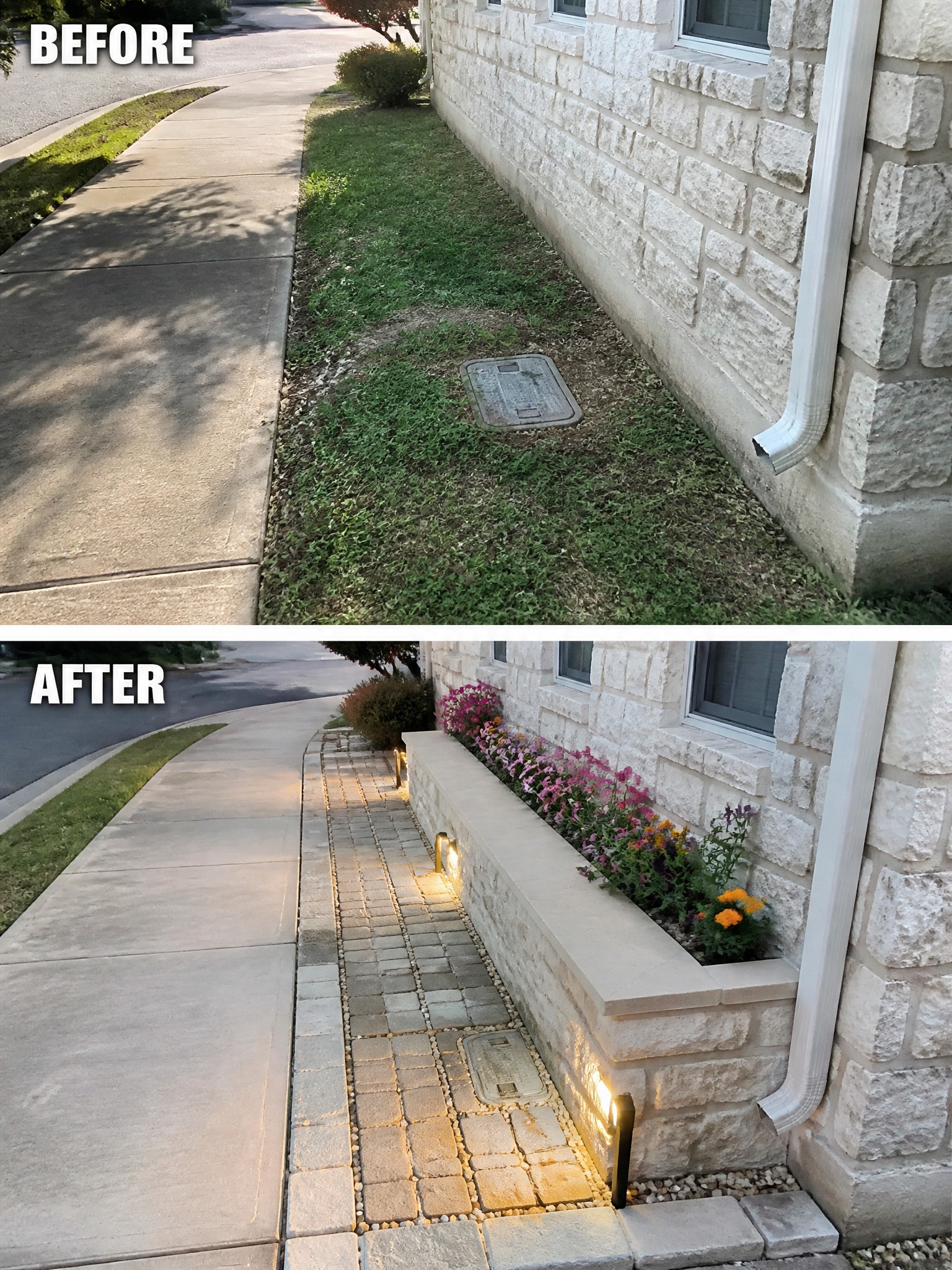 Before-and-after of house side yard with new brick path, flower bed, and lights
