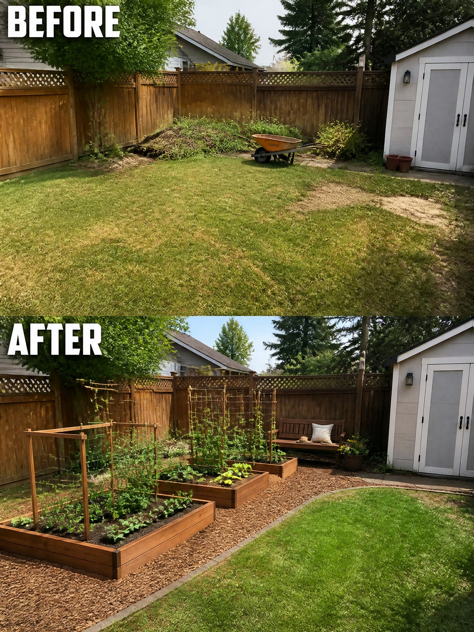 Before-and-after image of an overgrown backyard changed into a space with raised garden beds, trellises, mulch, and a bench along the fence.