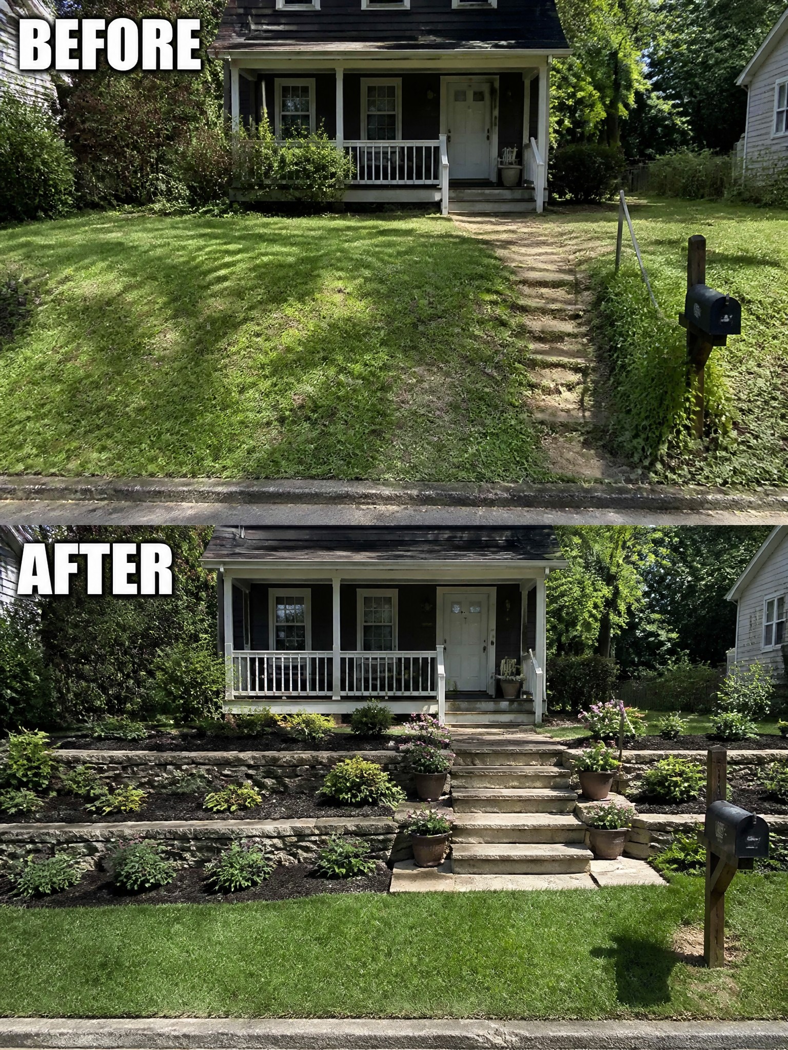 Before-and-after image of a sloped front lawn changed into terraced stone retaining walls with garden beds and updated steps leading to the house.