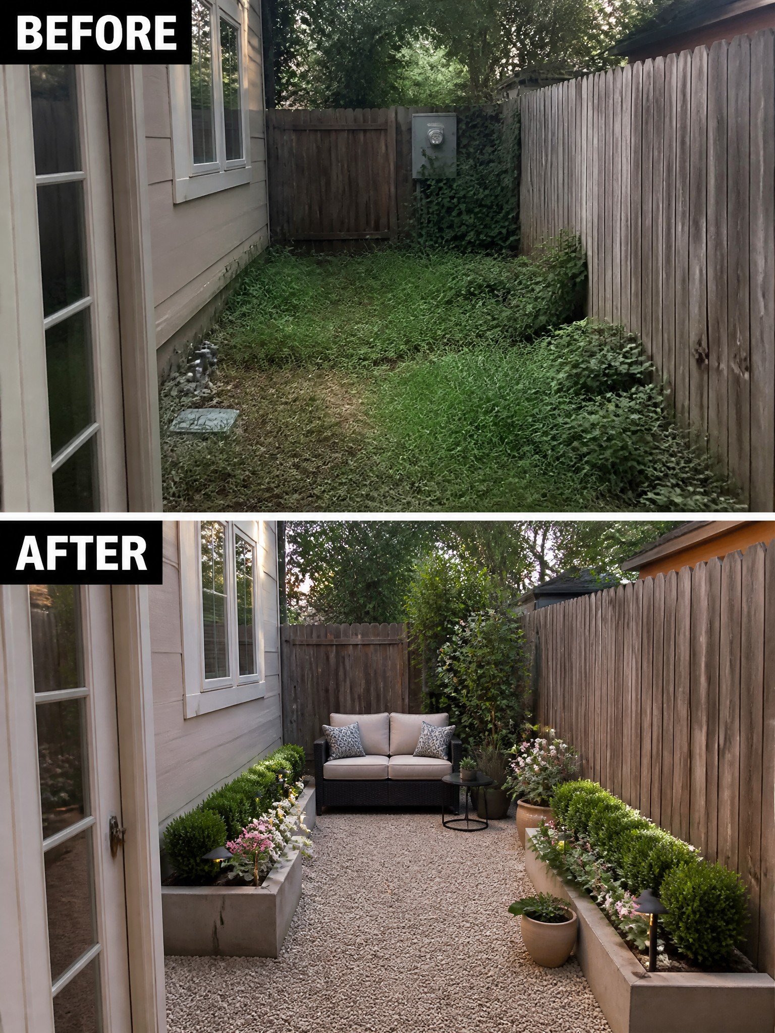 Before and after of overgrown backyard transformed into gravel patio with sofa and planters.