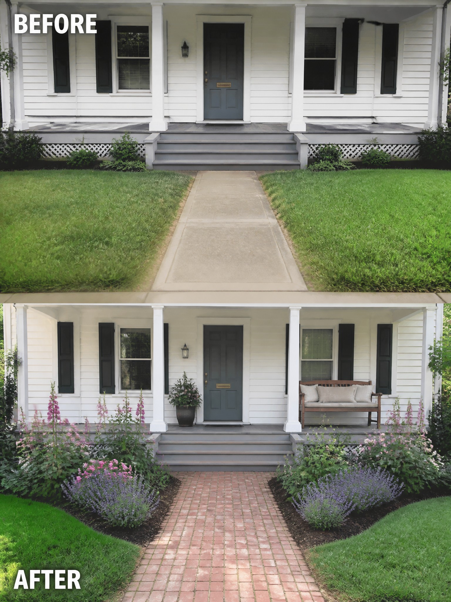 Before and after house front with brick path, flowers, and garden beds