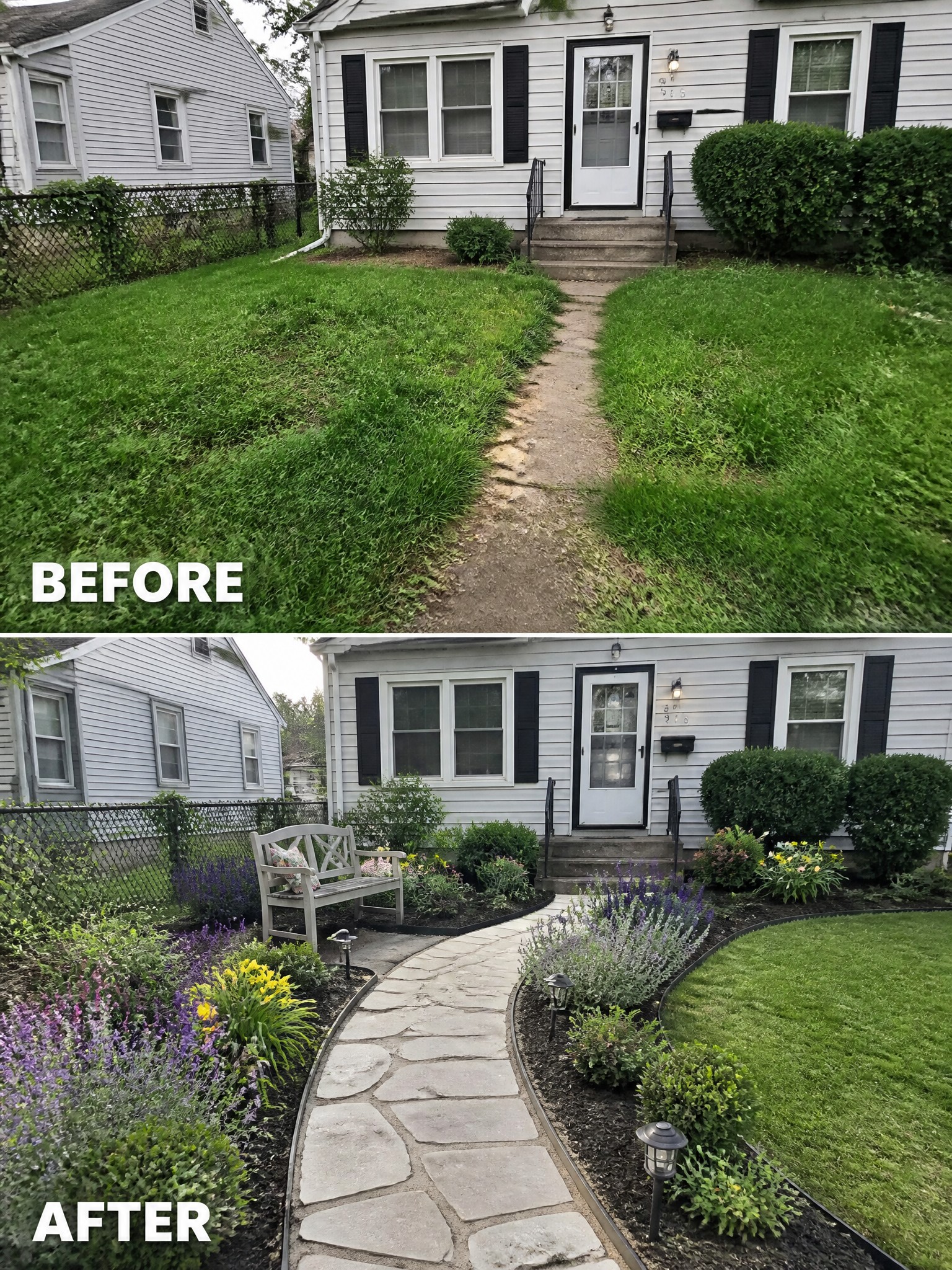 Before and after of front yard with stone path, flowers, and bench added