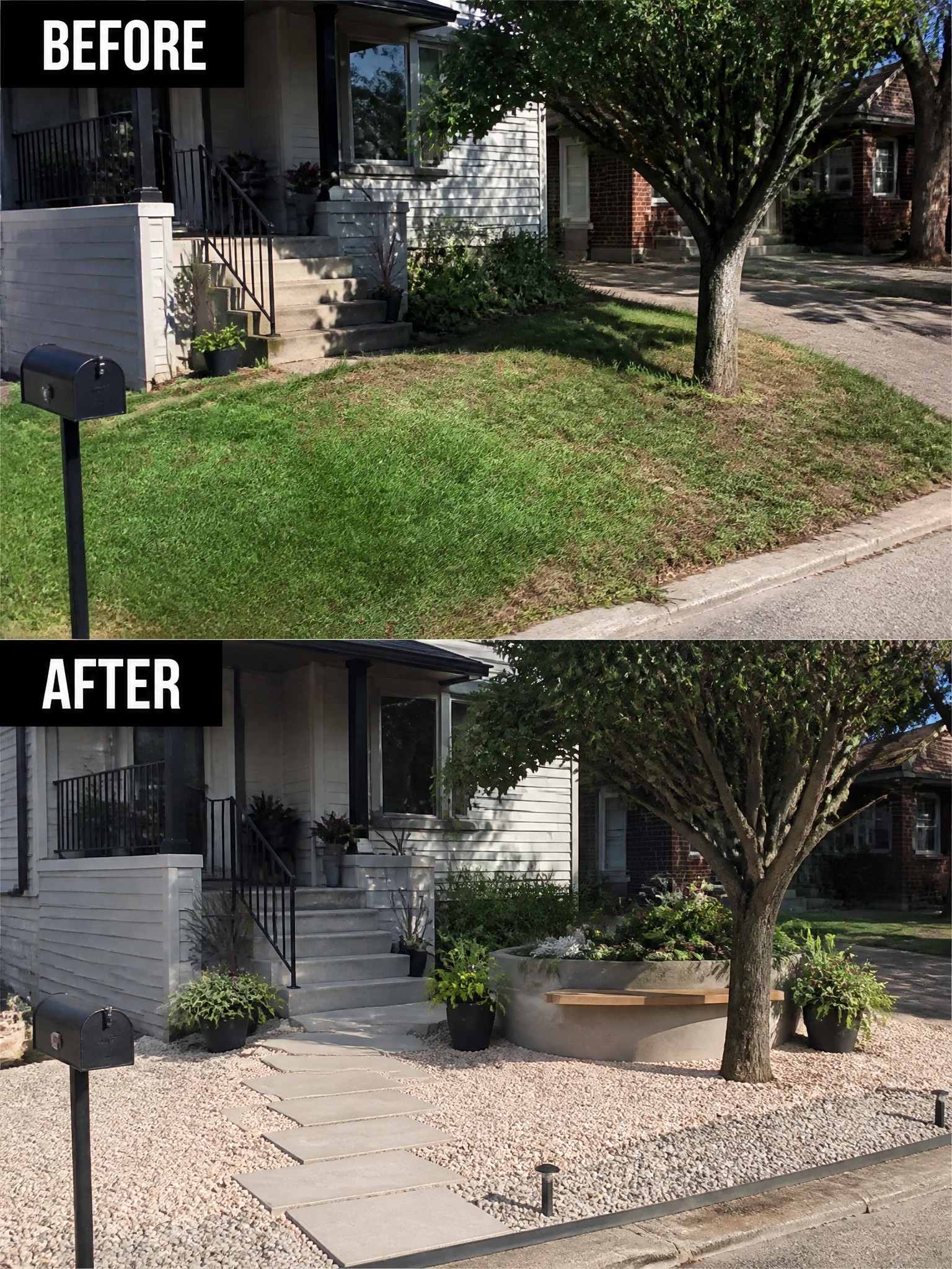 Before and after front yard renovation with gravel, pavers, and concrete tree planter.