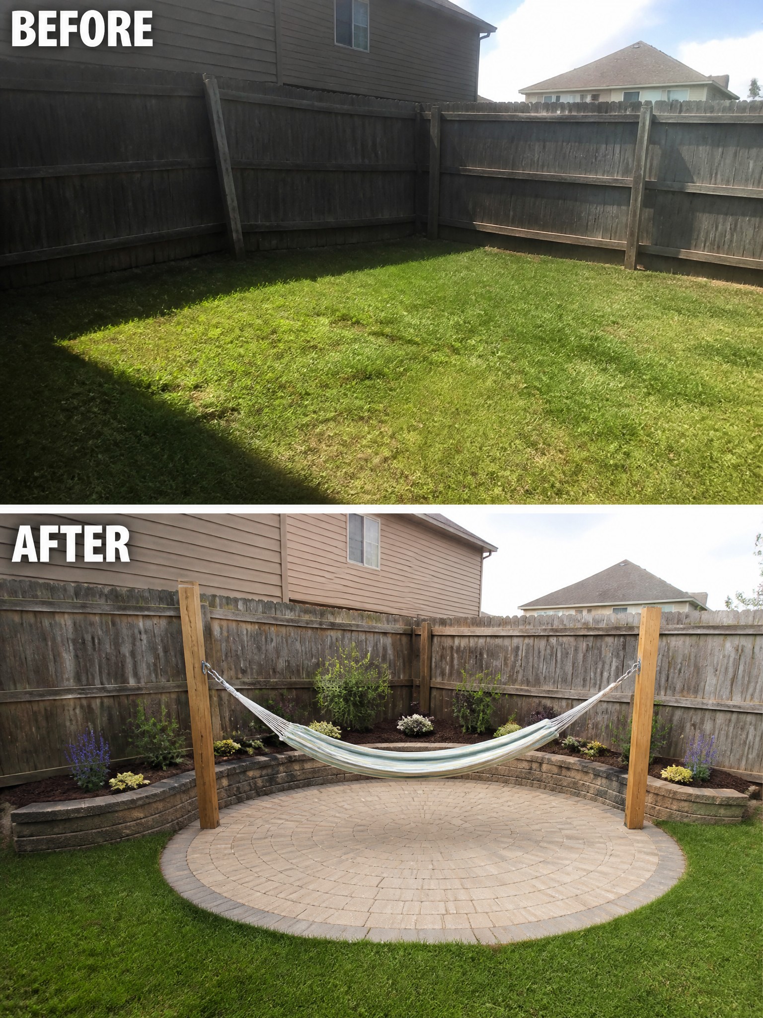 Before empty grassy yard and after with hammock on circular patio and gardens.