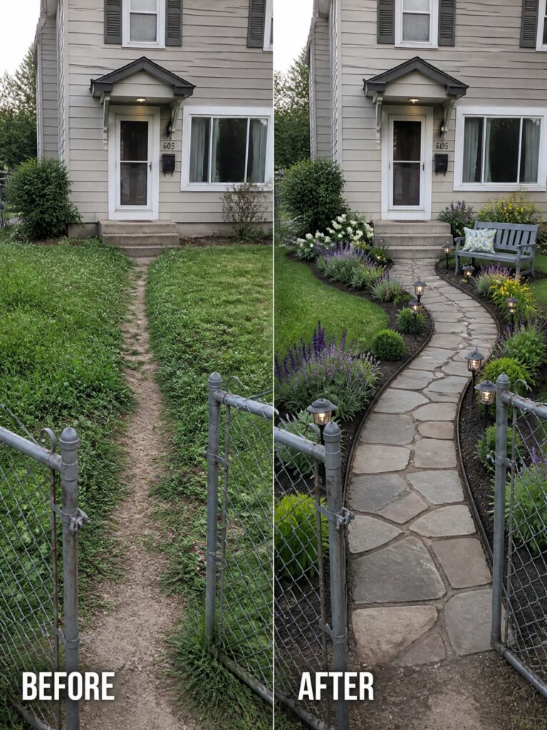 17 Easy Lawn Remodel Ideas With Paths, Beds, and Seating Zones Before and after of front yard with stone path, flowers, and bench added