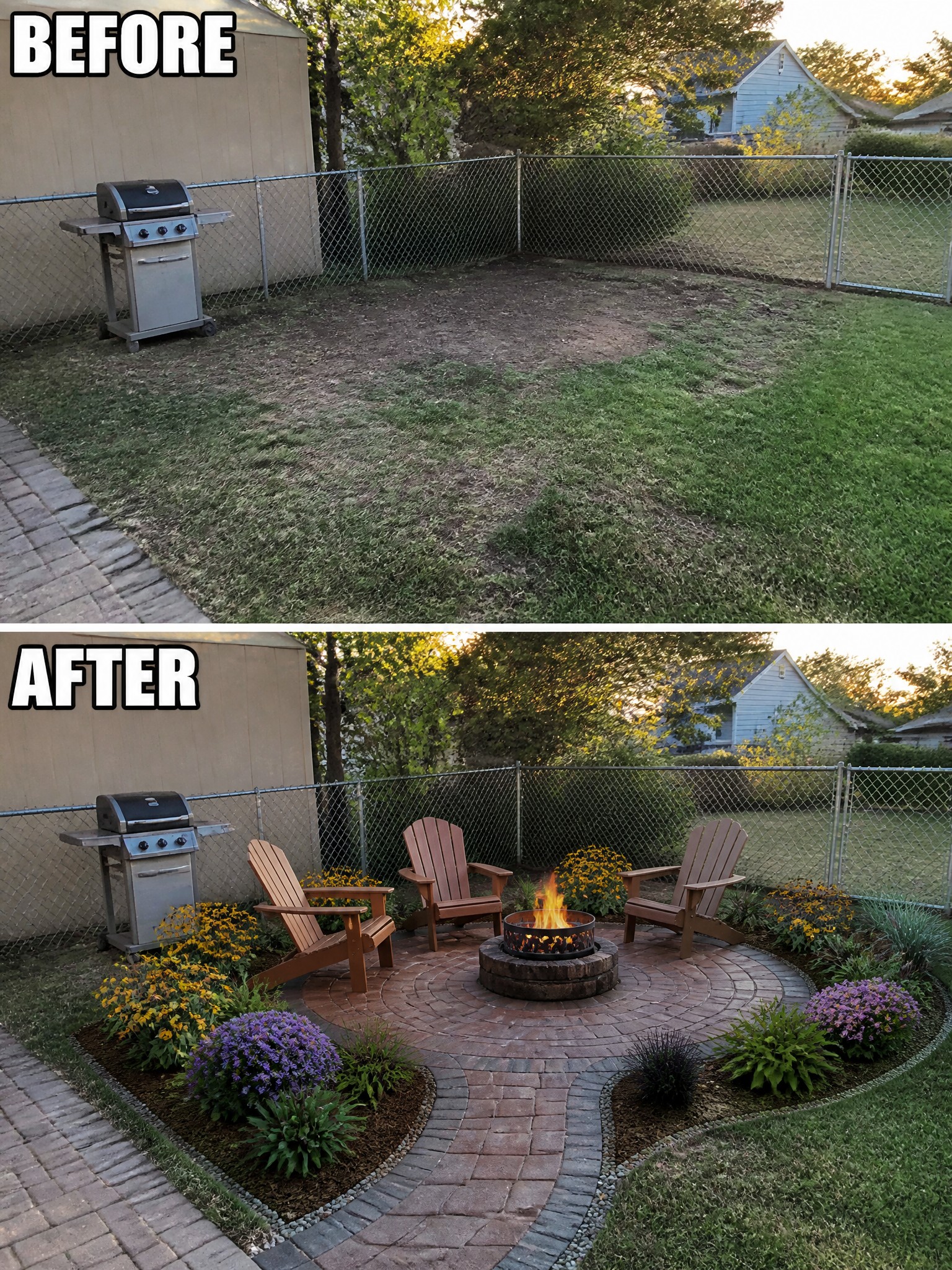 Before and after backyard with grill, fire pit, chairs, and flower beds.
