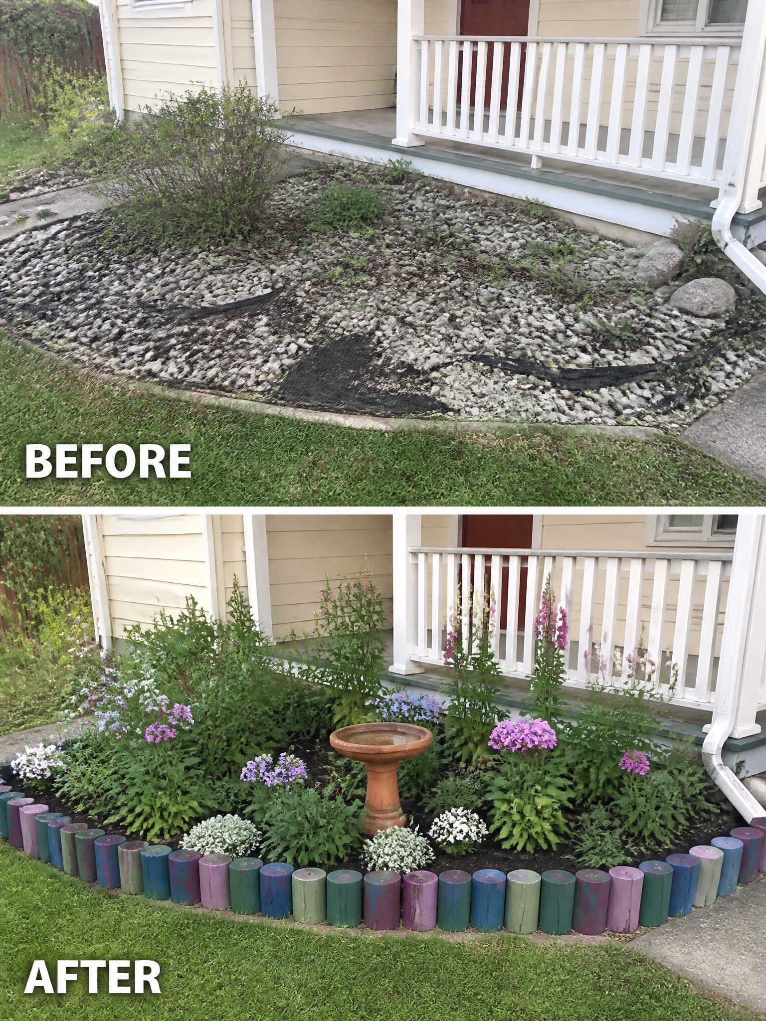 Before-and-after image of an overgrown gravel area next to a porch changed into a planted garden bed with colorful log edging and flowers.