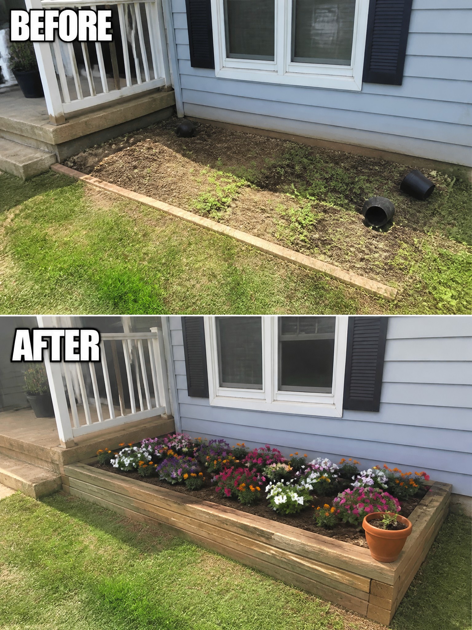 Before-and-after view of blue house with weedy dirt bed transformed into colorful flower planter box