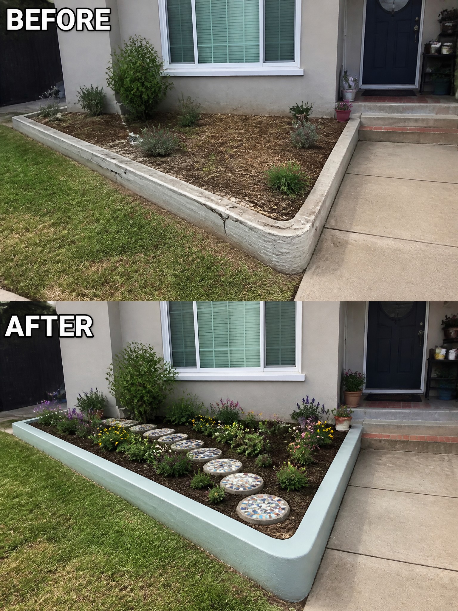 Before-and-after view of front garden bed with fresh plants, flowers, and mosaic stepping stones.