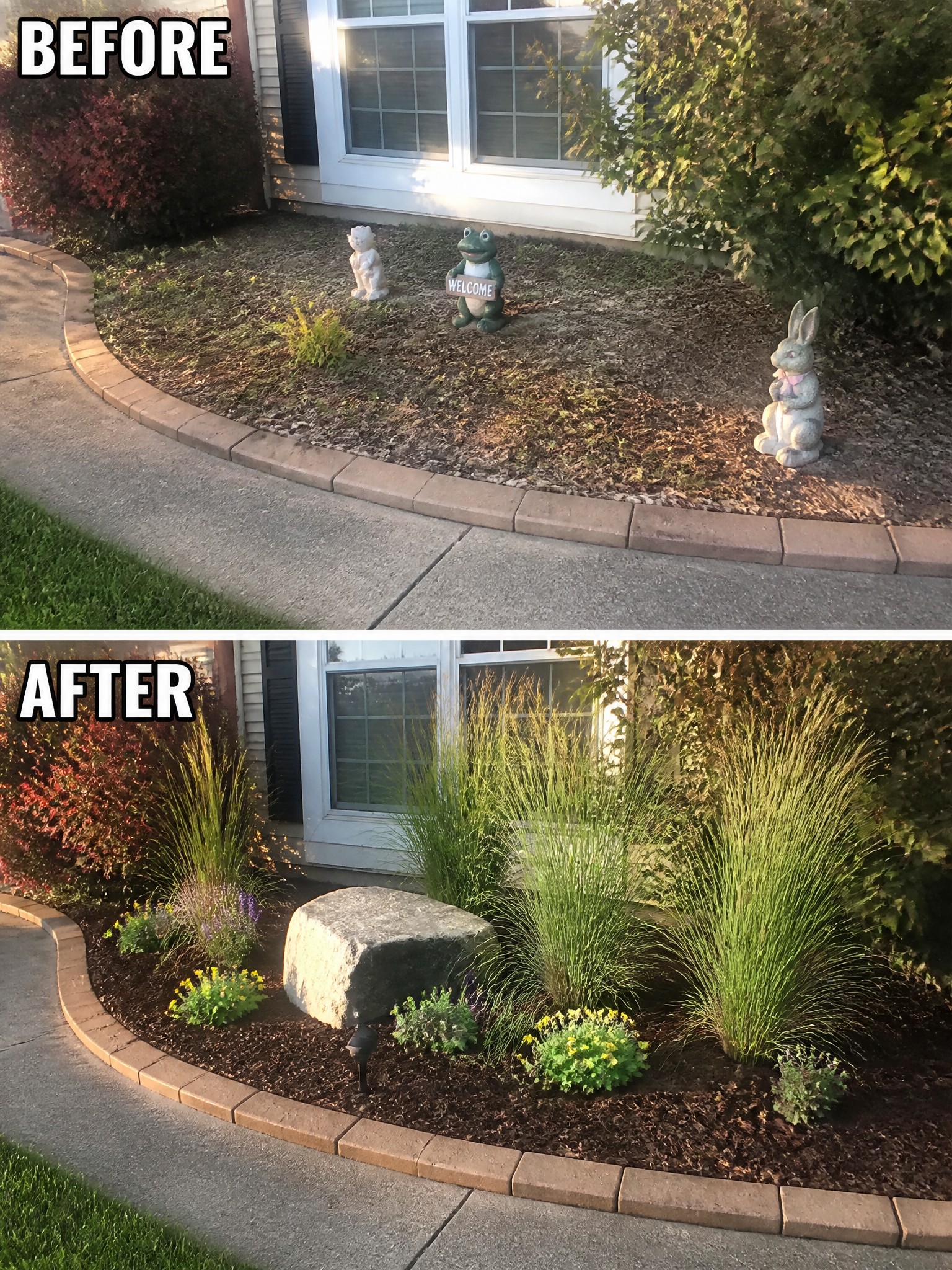 Before sparse garden with animal statues, after lush landscaped flowerbed with rock and grasses.