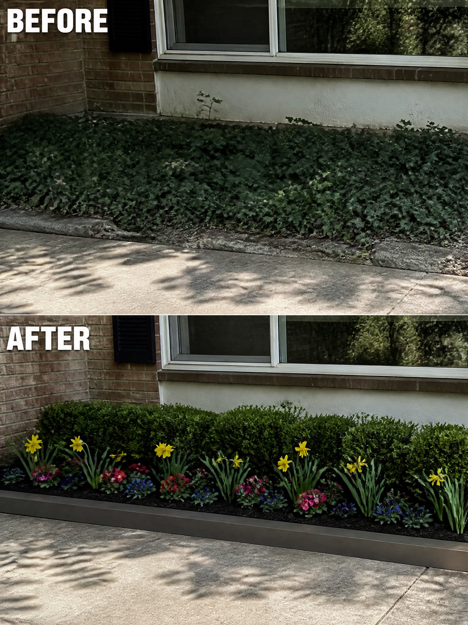 Before and after of overgrown ivy replaced by daffodils, flowers, and boxwood hedges