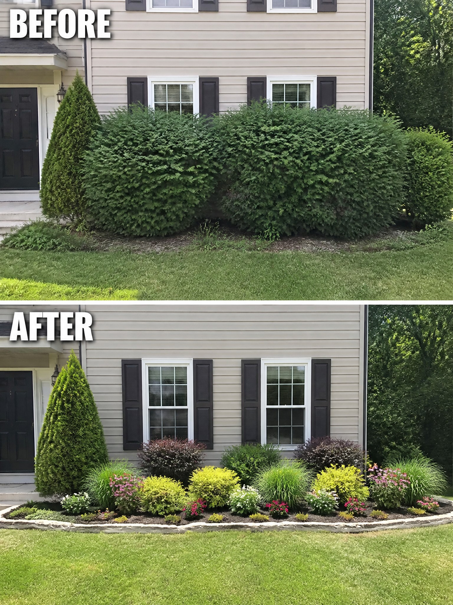 Before-and-after house landscaping: overgrown green shrubs replaced by colorful flower garden bed.