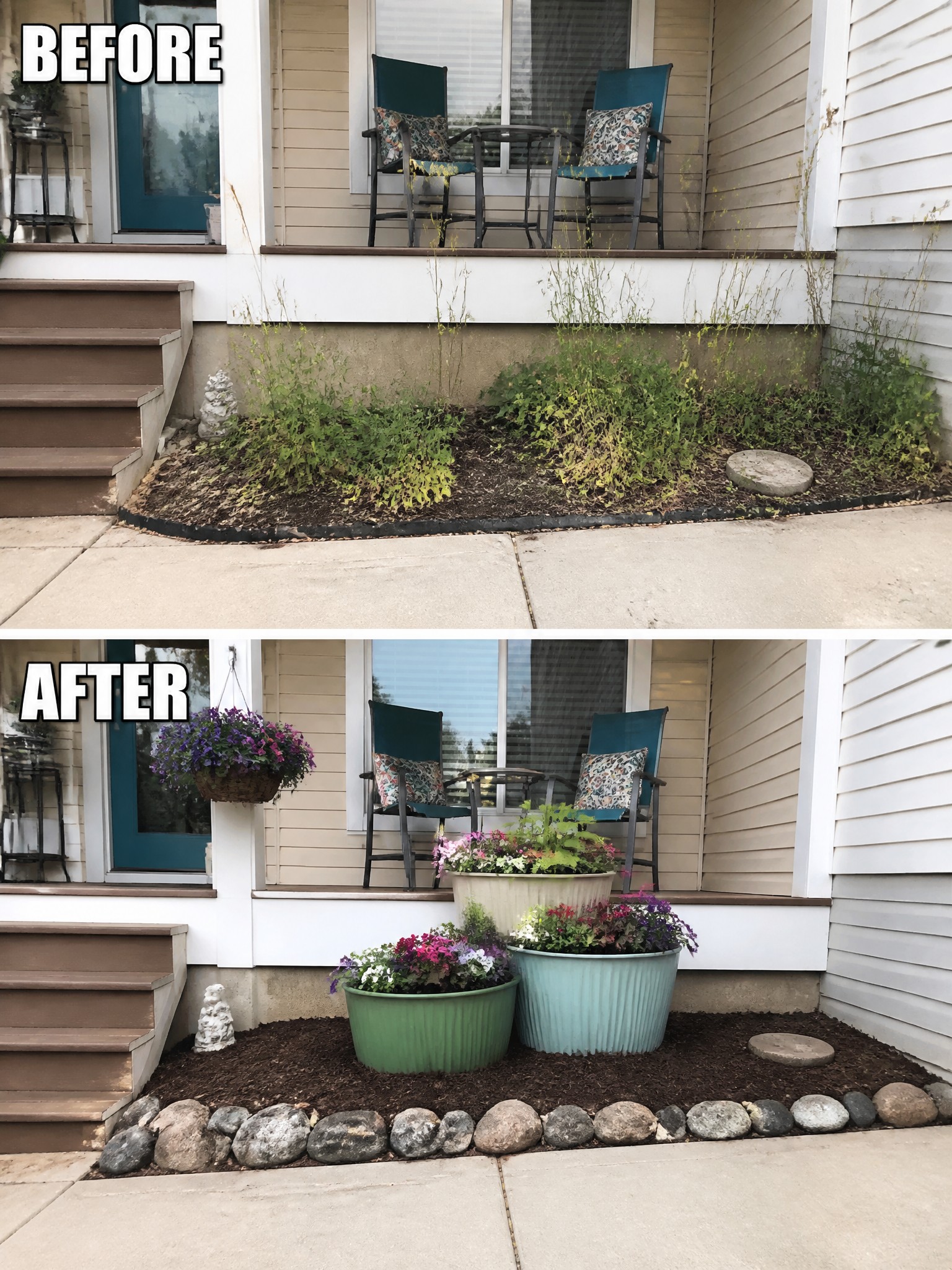 Before-and-after porch garden bed with weeds replaced by colorful potted flowers and rock border.