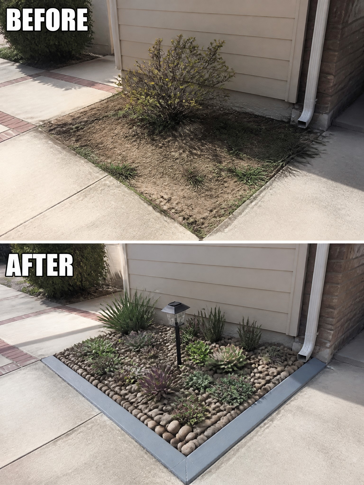 Before and after of bare soil patch transformed into succulent rock garden bed
