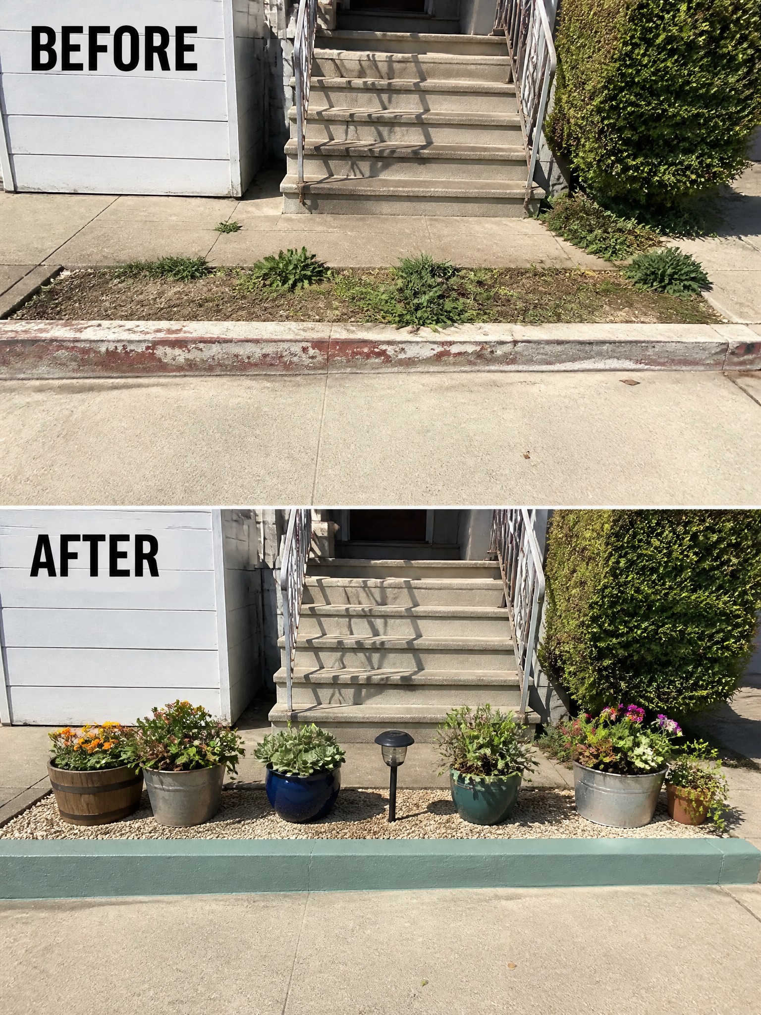 Before-and-after image of a weedy front strip turned into a gravel bed lined with potted plants and a painted curb.