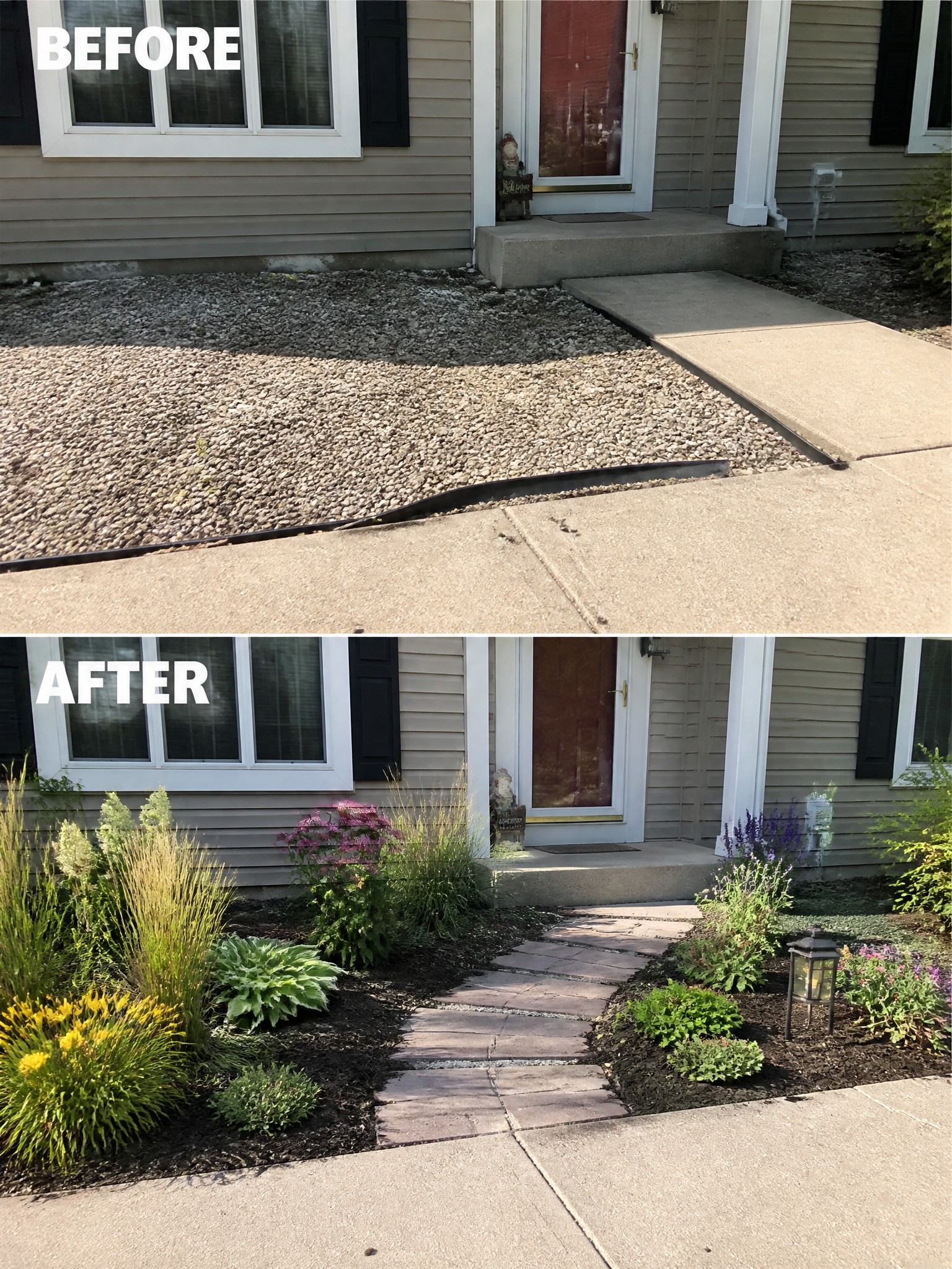 Before and after home entrance: gravel yard transformed into colorful garden with stone path