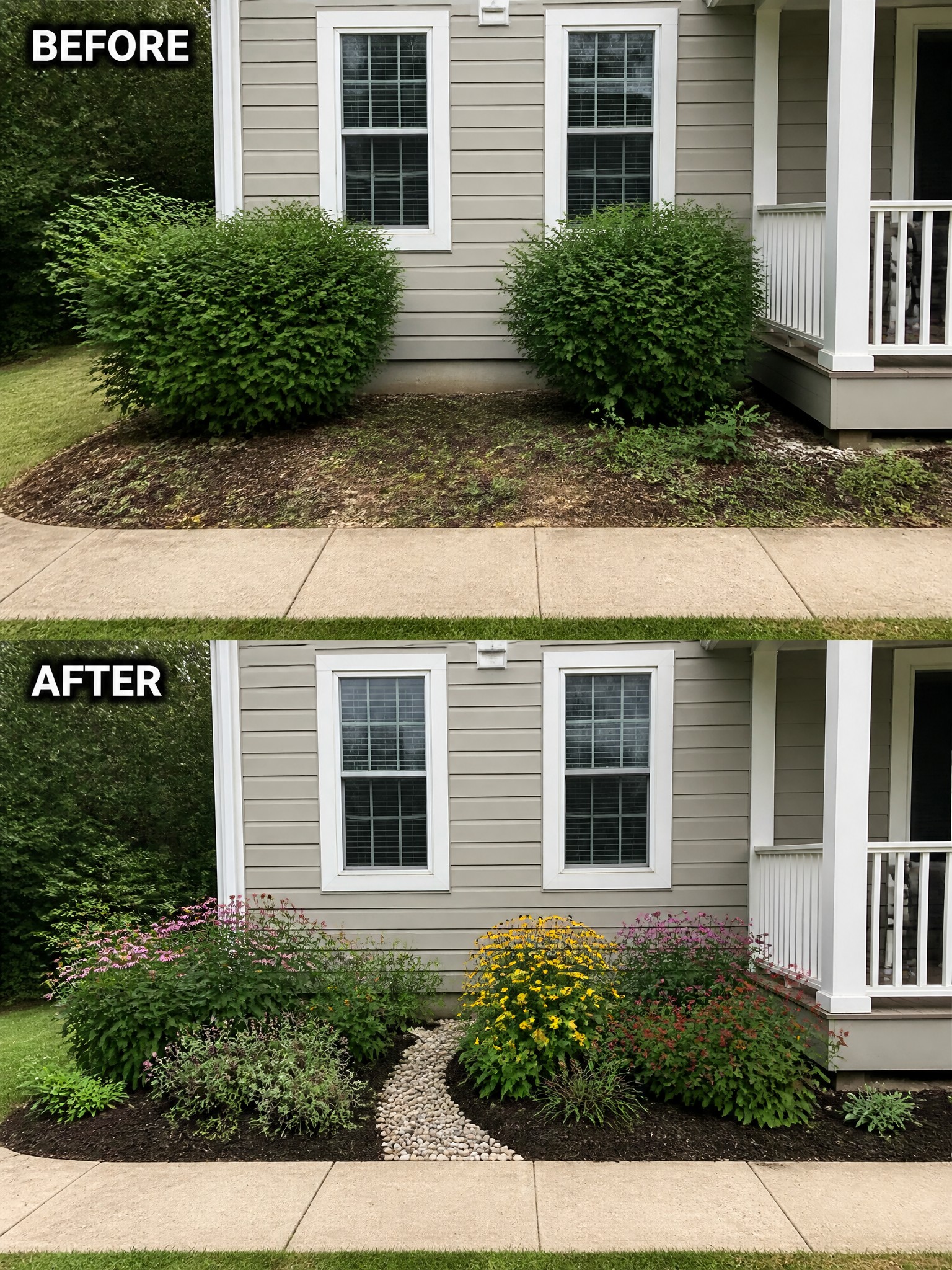 Before-and-after image of an overgrown front bed changed into neat garden beds with flowers, mulch, and a pebble path.