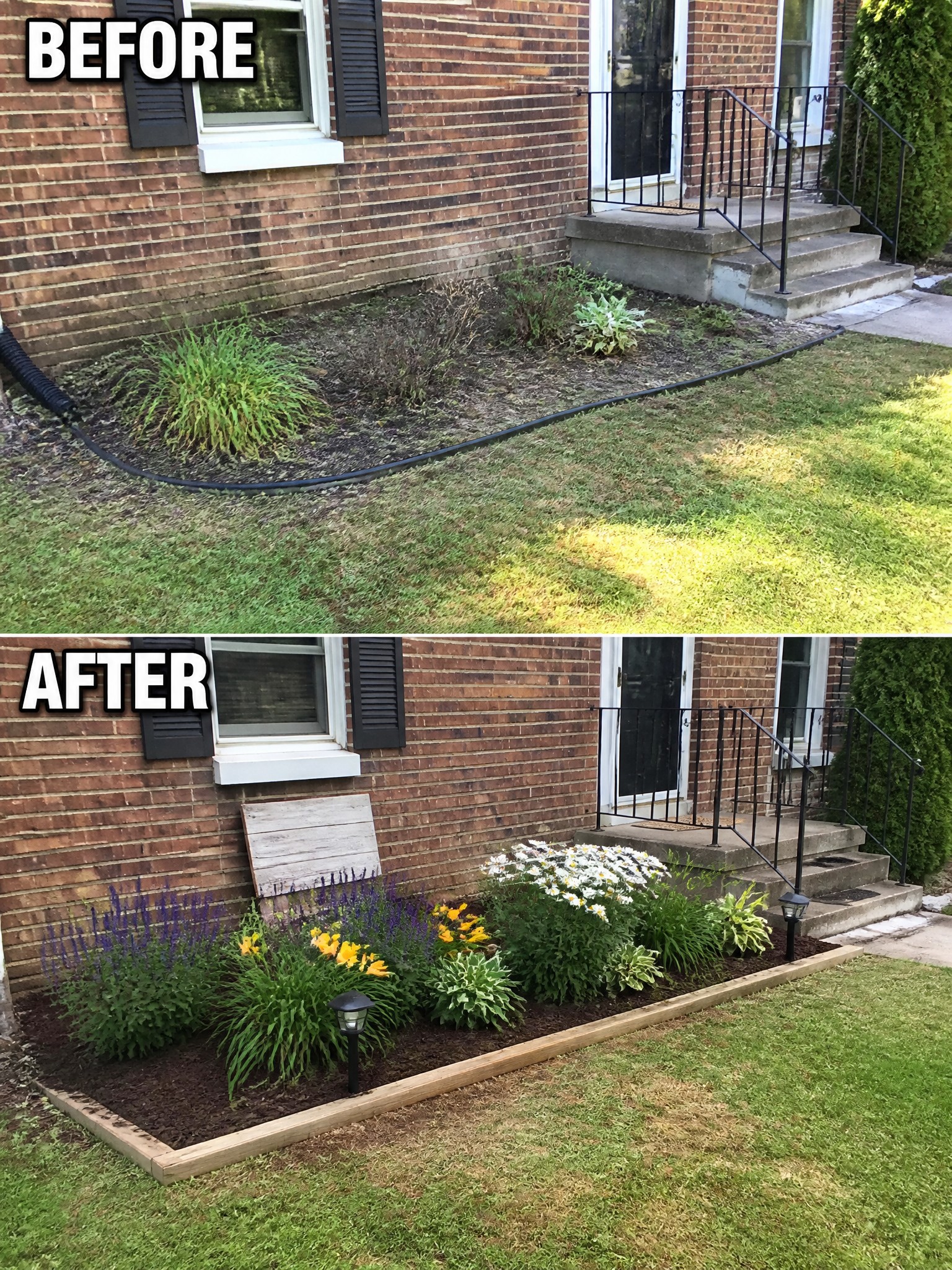 Before and after of brick house garden bed with flowers, mulch, and wood edging