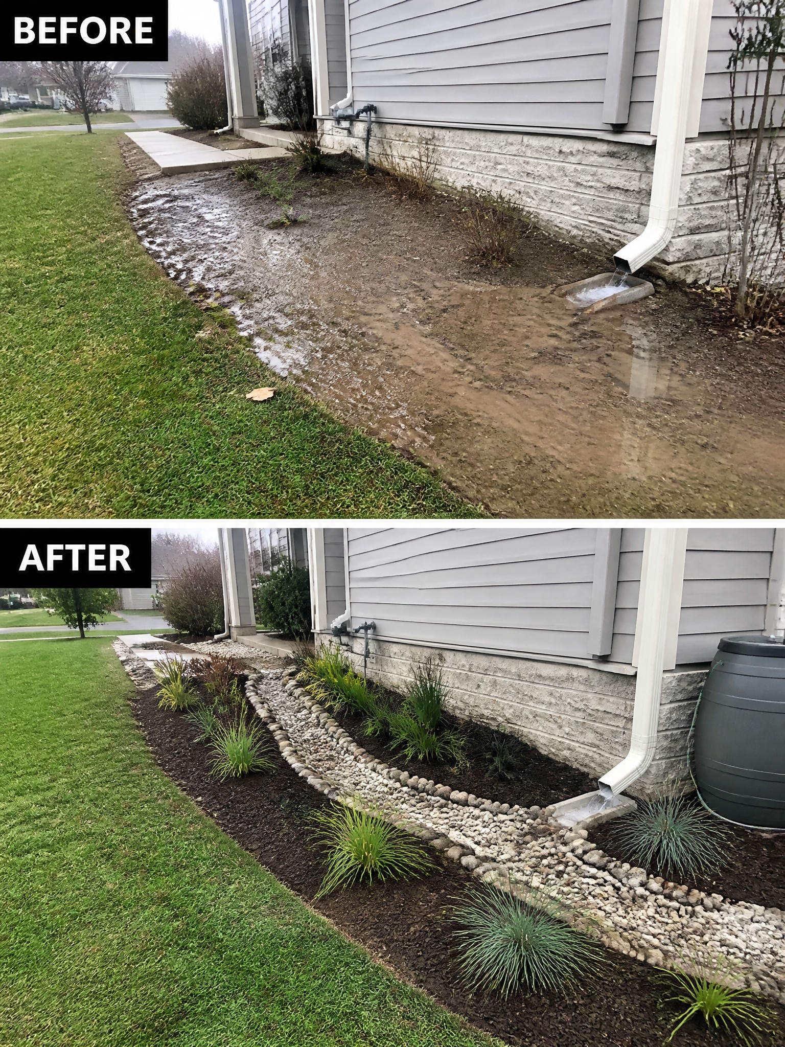 Before-and-after image of a muddy front yard area next to a house transformed into defined garden beds with rock edging, mulch, and plants.
