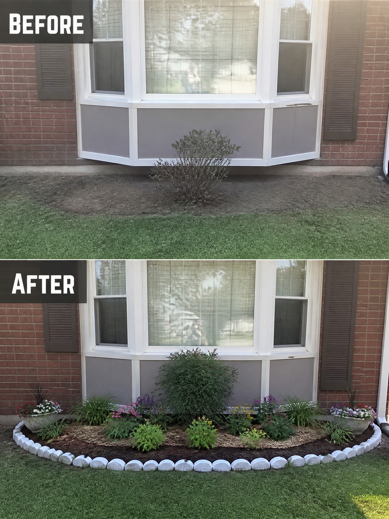 Before and after bay window landscaping from bare dirt to flower garden bed