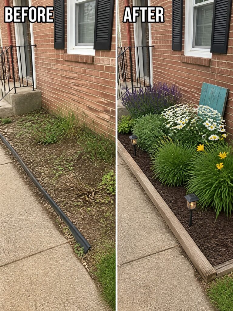 Before and after of brick house garden bed with flowers, mulch, and wood edging