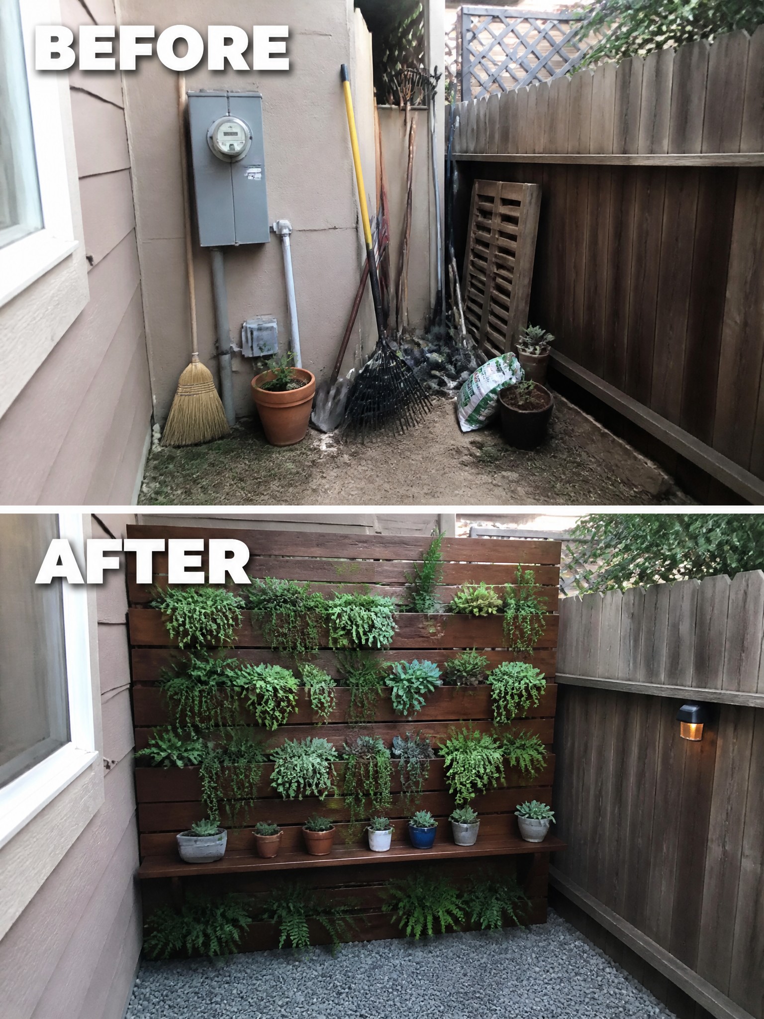 Before cluttered yard and after wooden vertical garden with lush plants.