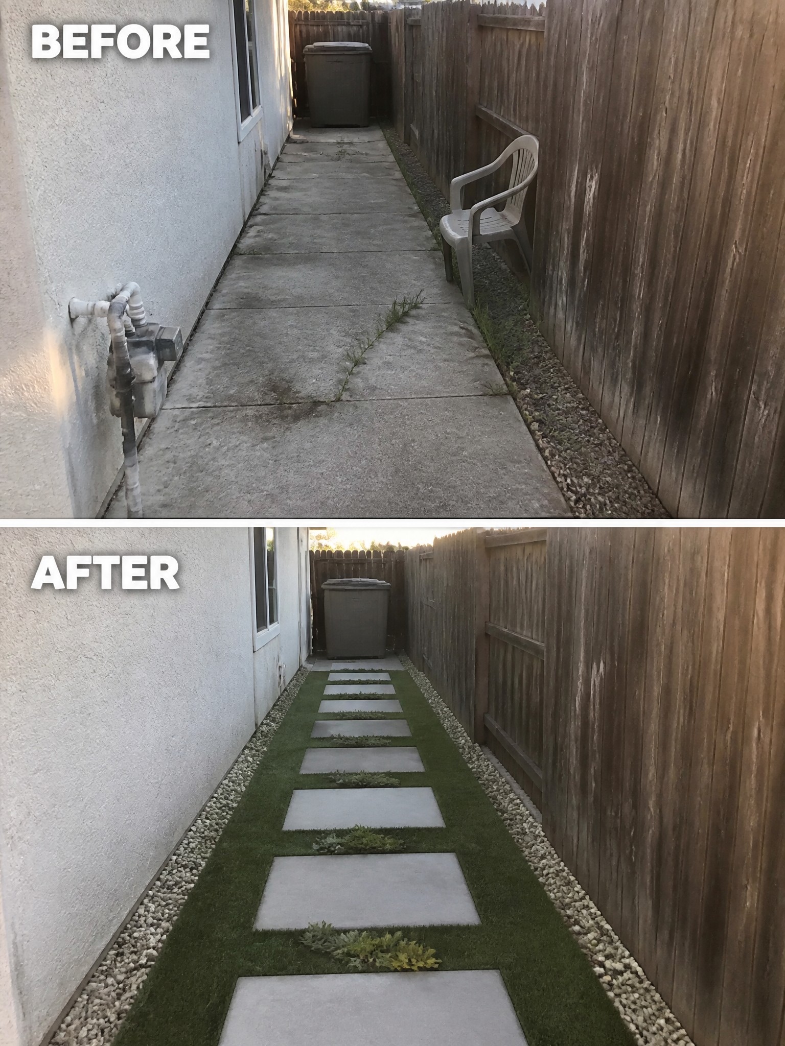 Before and after of narrow walkway with turf and stepping stones between fences